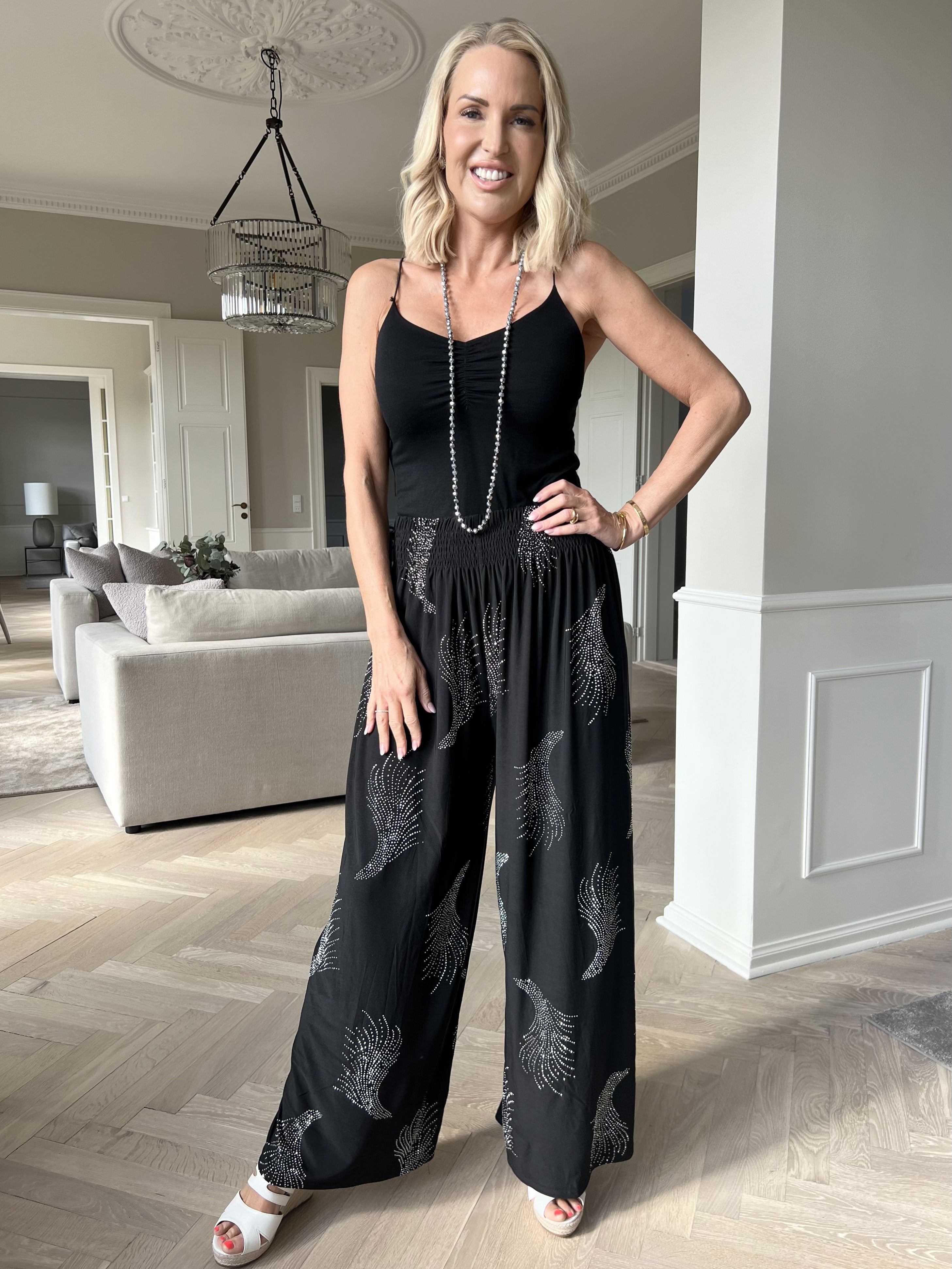 Pams Leaf Crystal Pants - Lösa elastiska byxor med strass