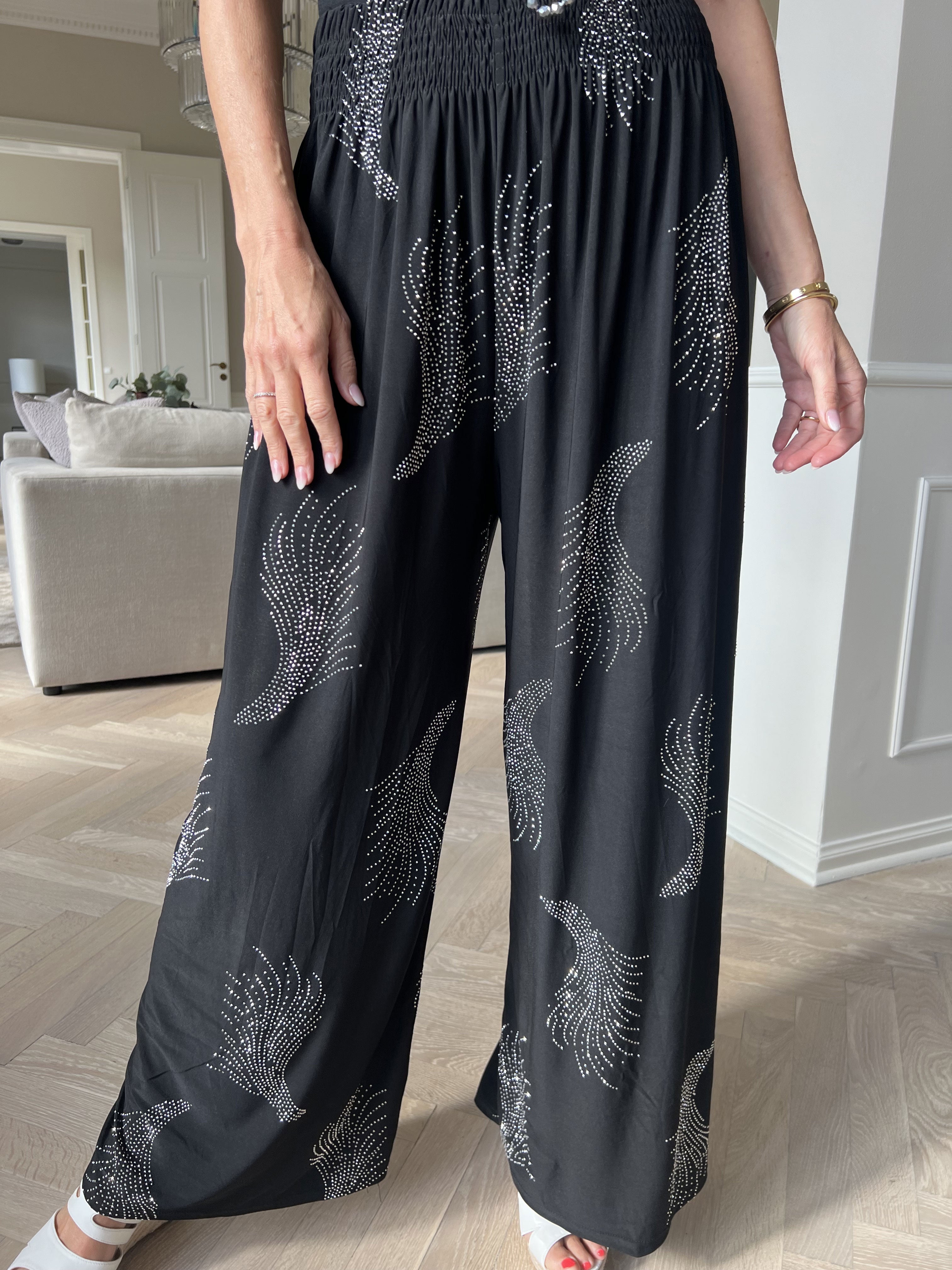 Pams Leaf Crystal Pants - Lösa elastiska byxor med strass