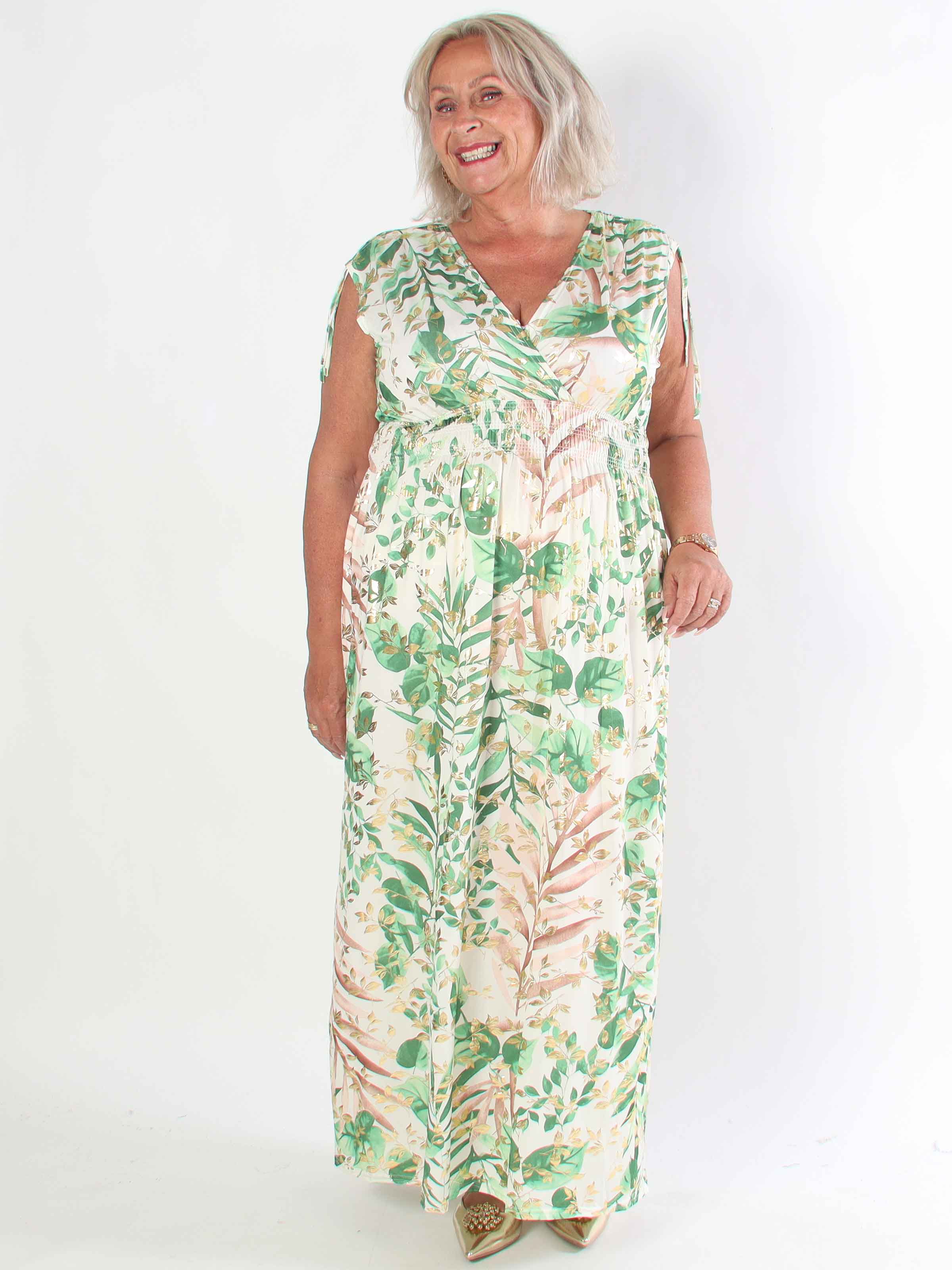Pams Leaf Gold Sleeveless - Lång elastisk plus size klänning med sött bladmönster