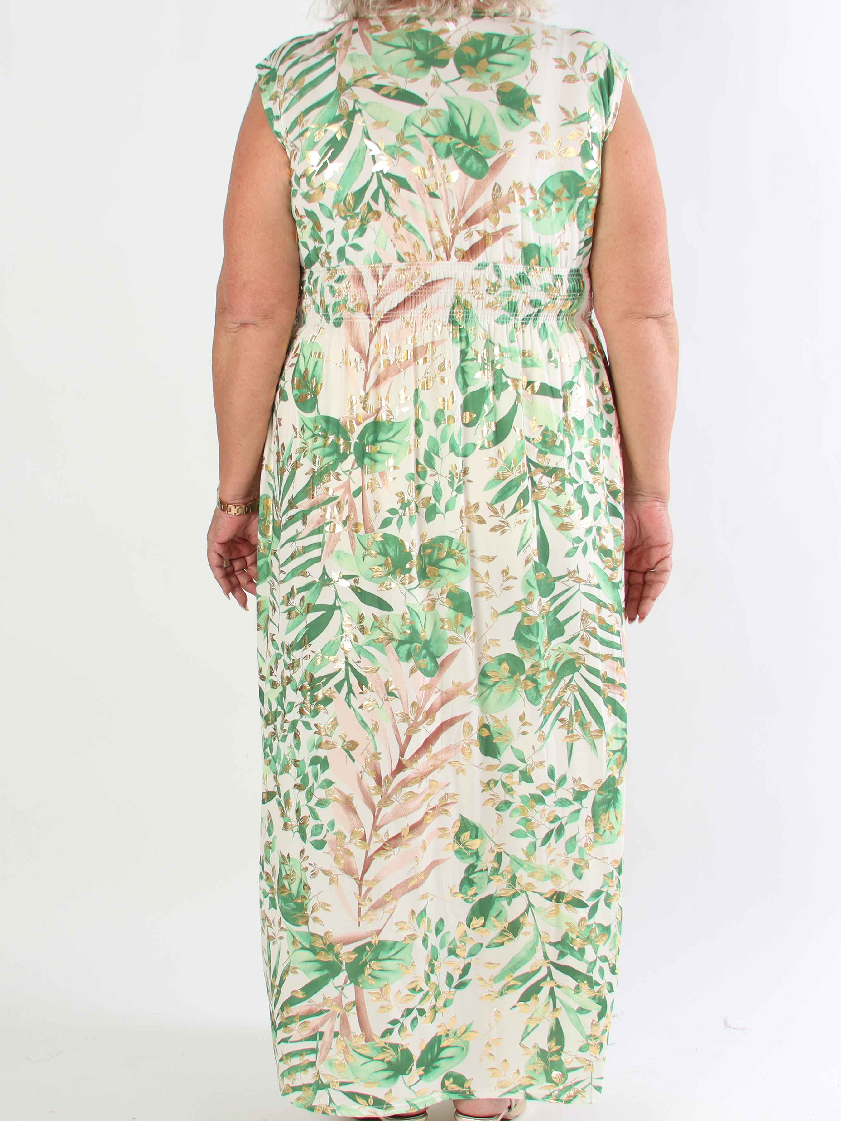 Pams Leaf Gold Sleeveless - Lång elastisk plus size klänning med sött bladmönster