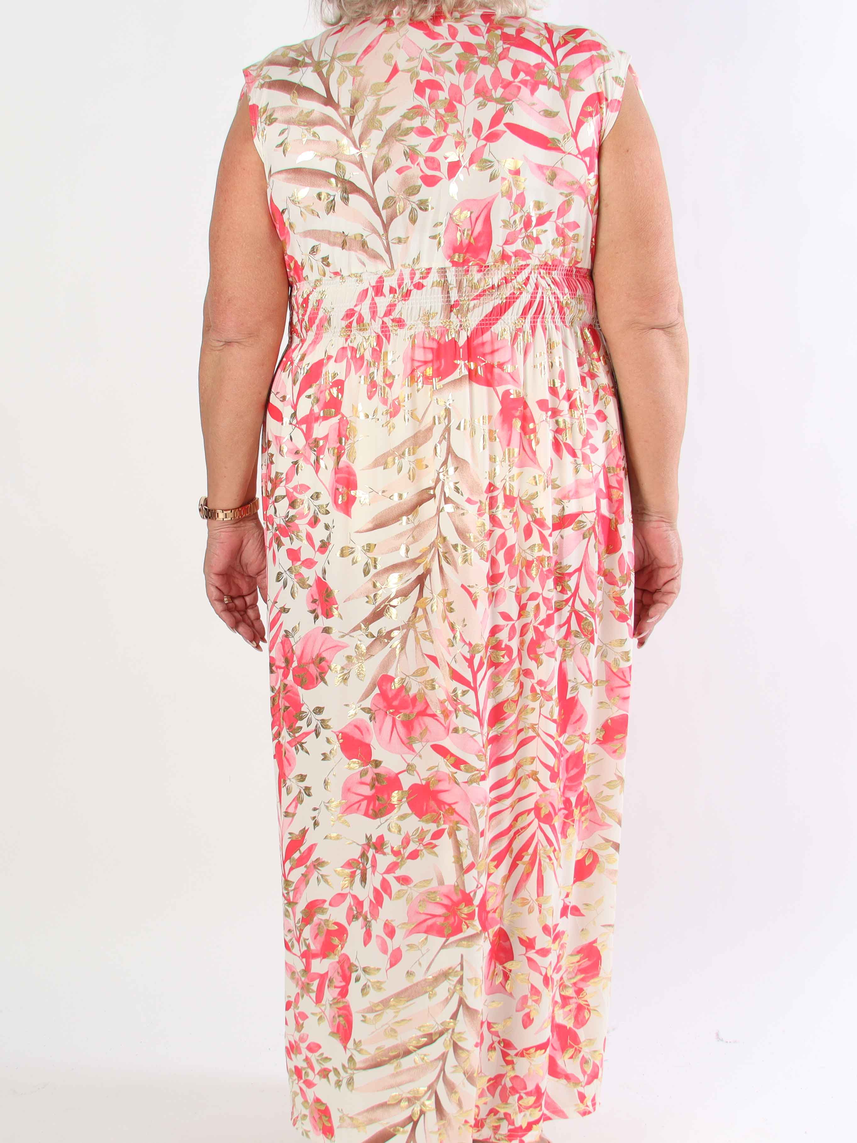 Pams Leaf Gold Sleeveless - Lång elastisk plus size klänning med sött bladmönster