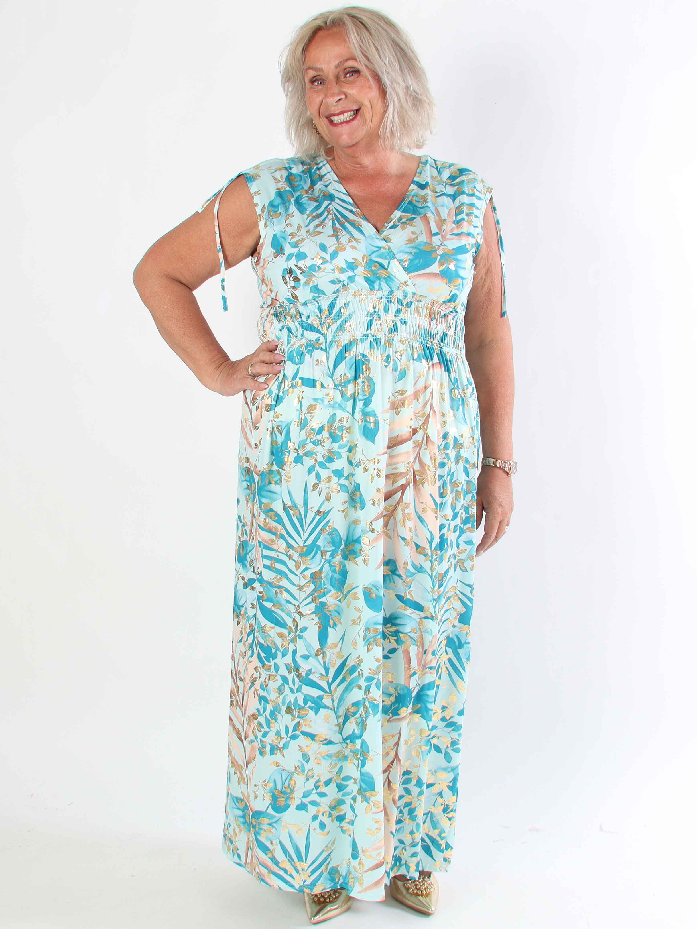 Pams Leaf Gold Sleeveless - Lång elastisk plus size klänning med sött bladmönster