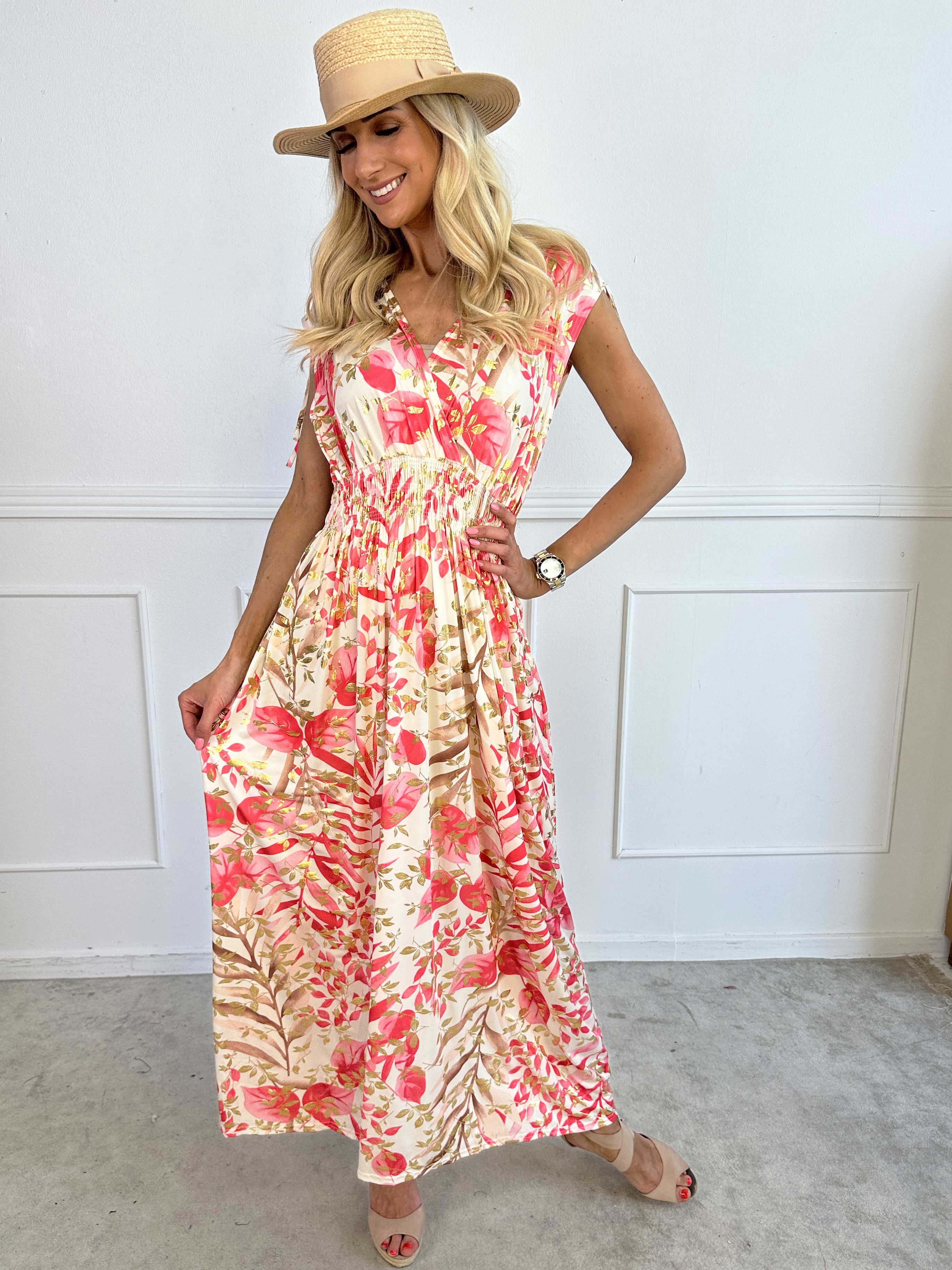 Pams Leaf Gold Sleeveless - Lång elastisk klänning med sött bladmönster