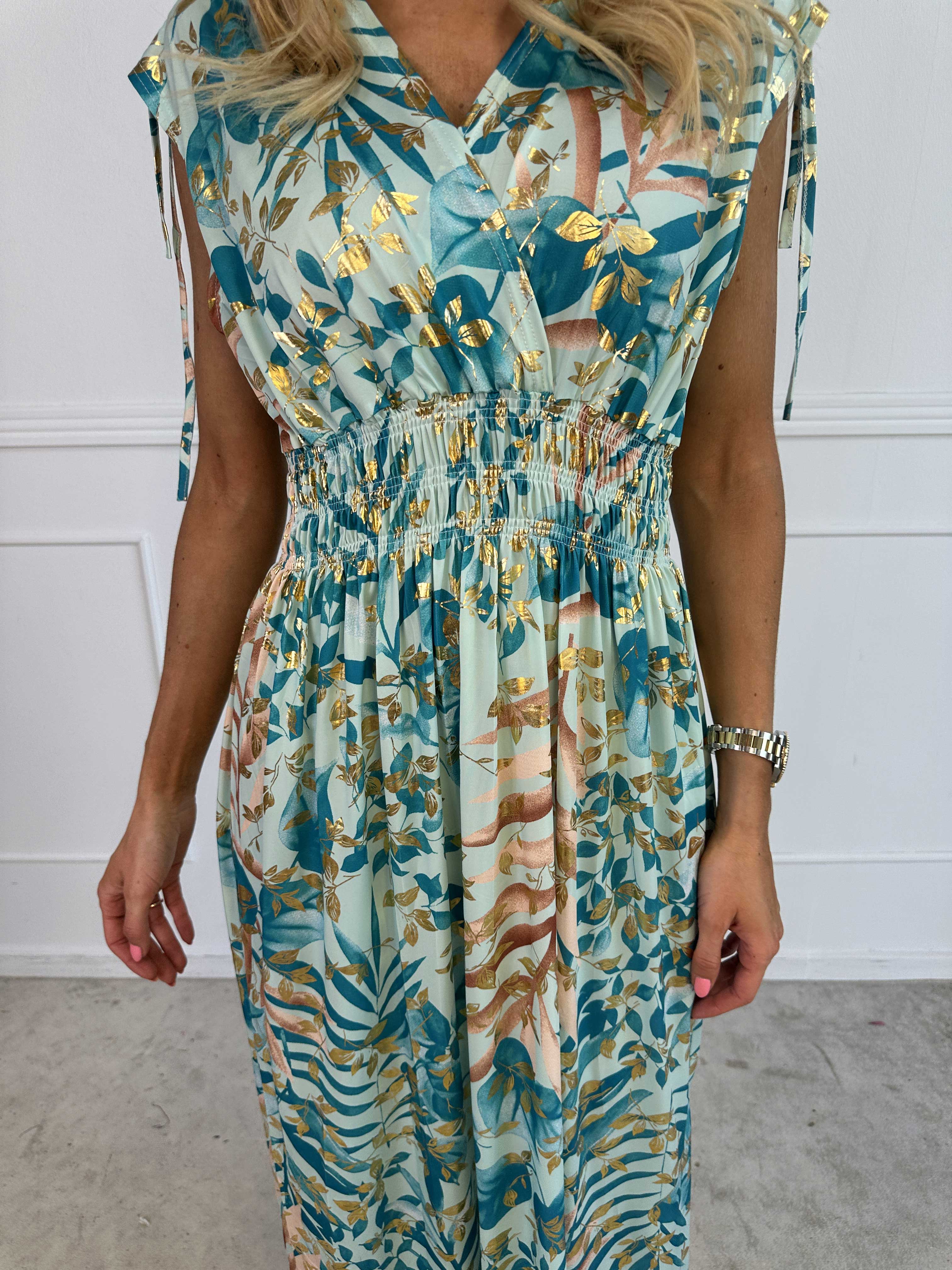 Pams Leaf Gold Sleeveless - Lång elastisk klänning med sött bladmönster