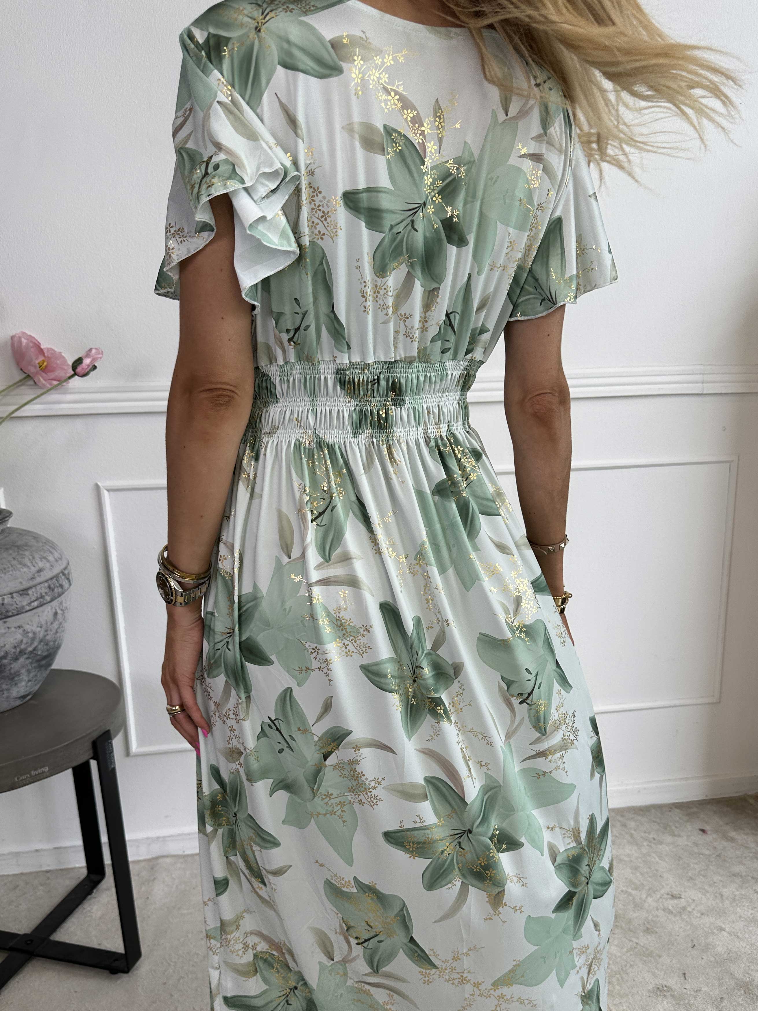 Pams Lilies - Elastisk klänning med liljemönster och gulddetaljer