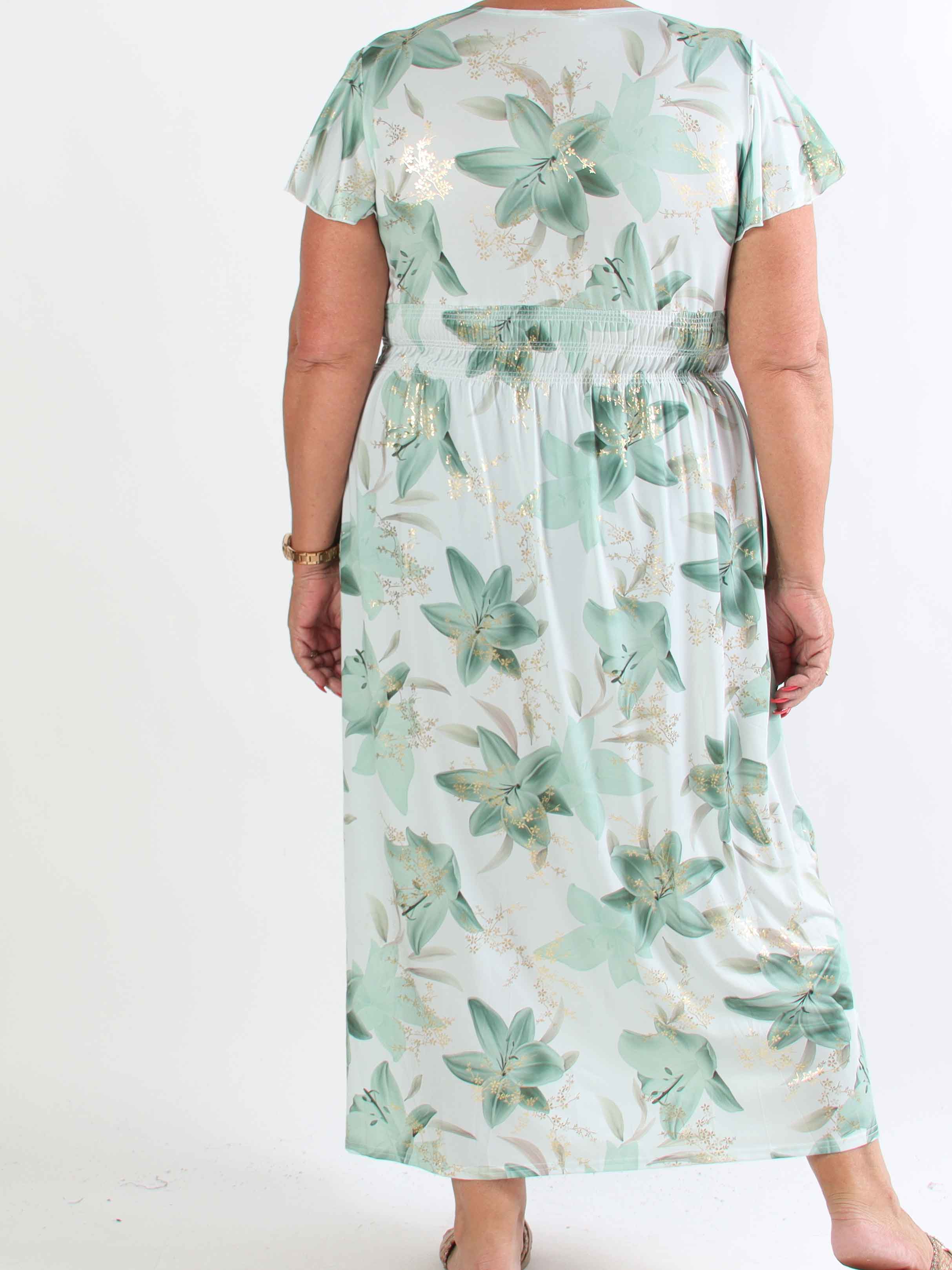 Pams Lilies - Elastisk plus size klänning med liljemönster och gulddetaljer