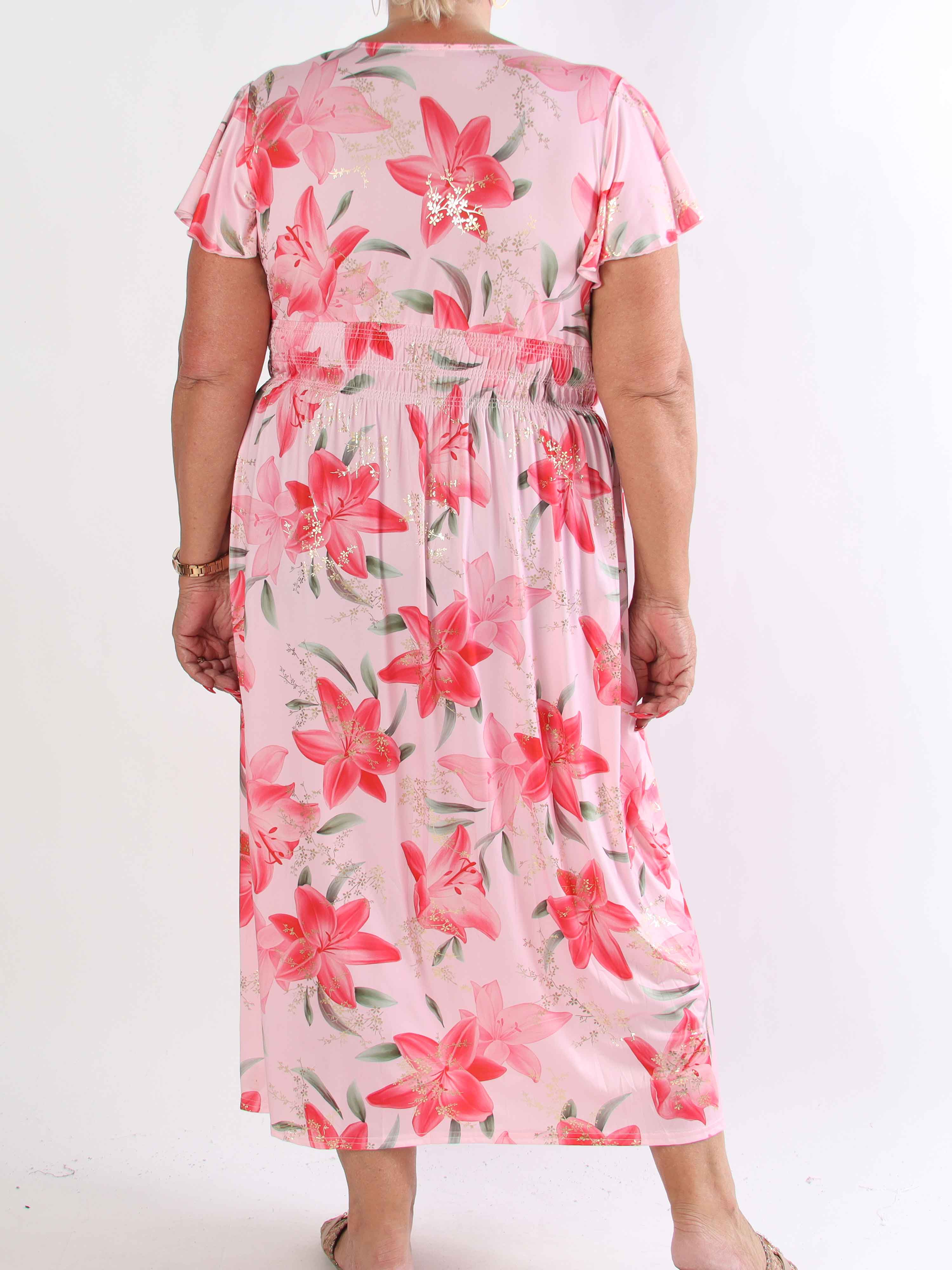 Pams Lilies - Elastisk plus size klänning med liljemönster och gulddetaljer