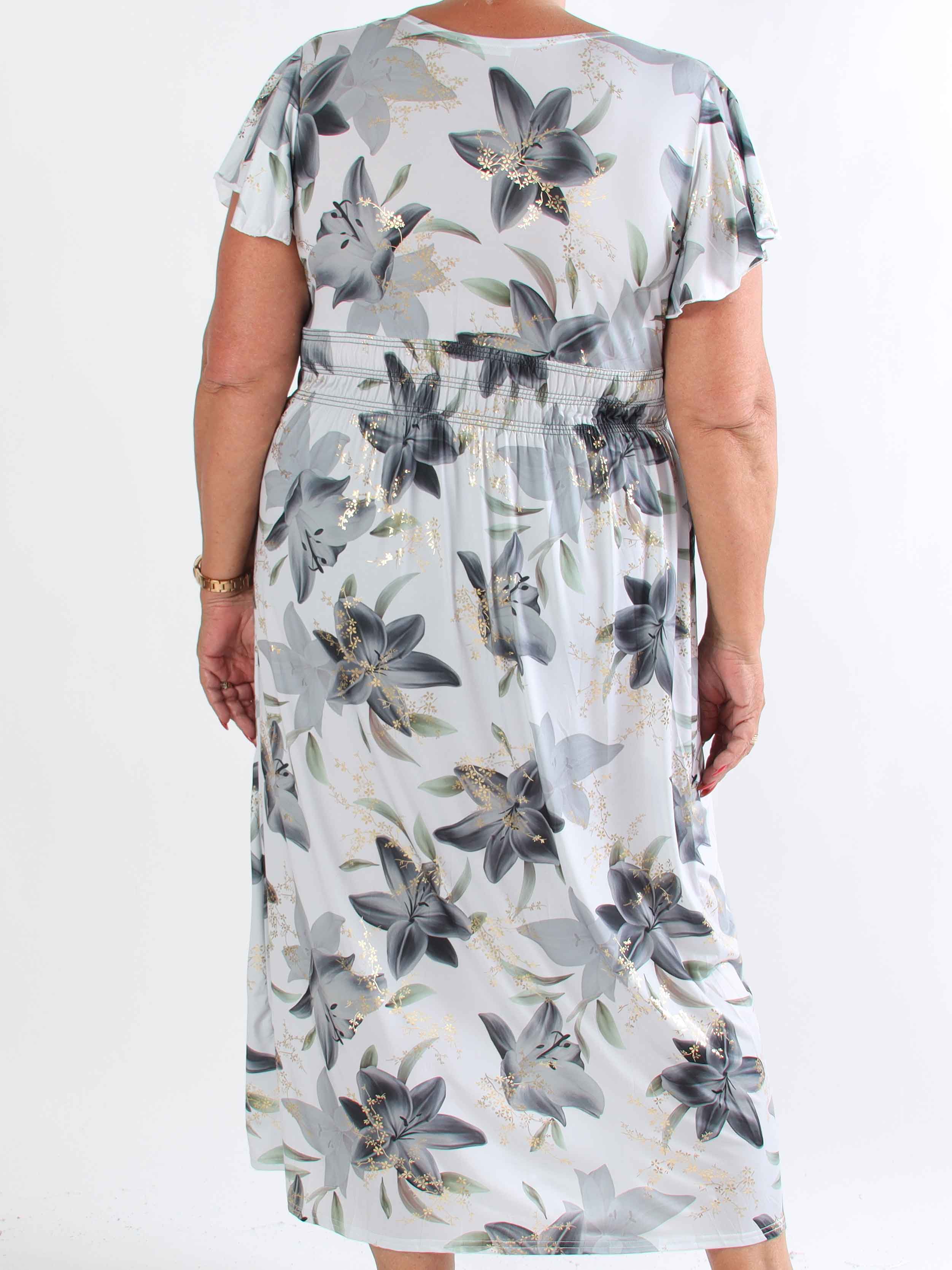 Pams Lilies - Elastisk plus size klänning med liljemönster och gulddetaljer