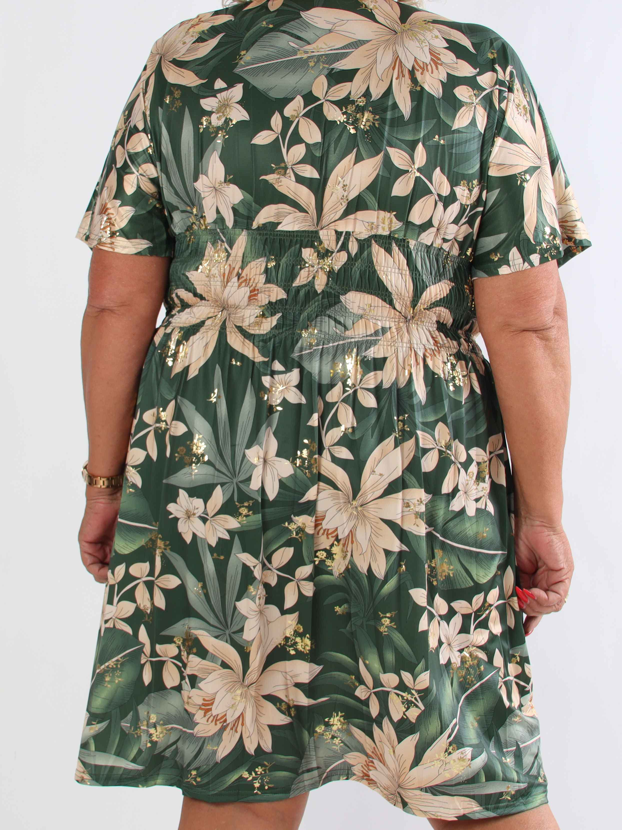 Pams New Leaf Short - Plus size klänning med färgat blommönster och gulddetaljer