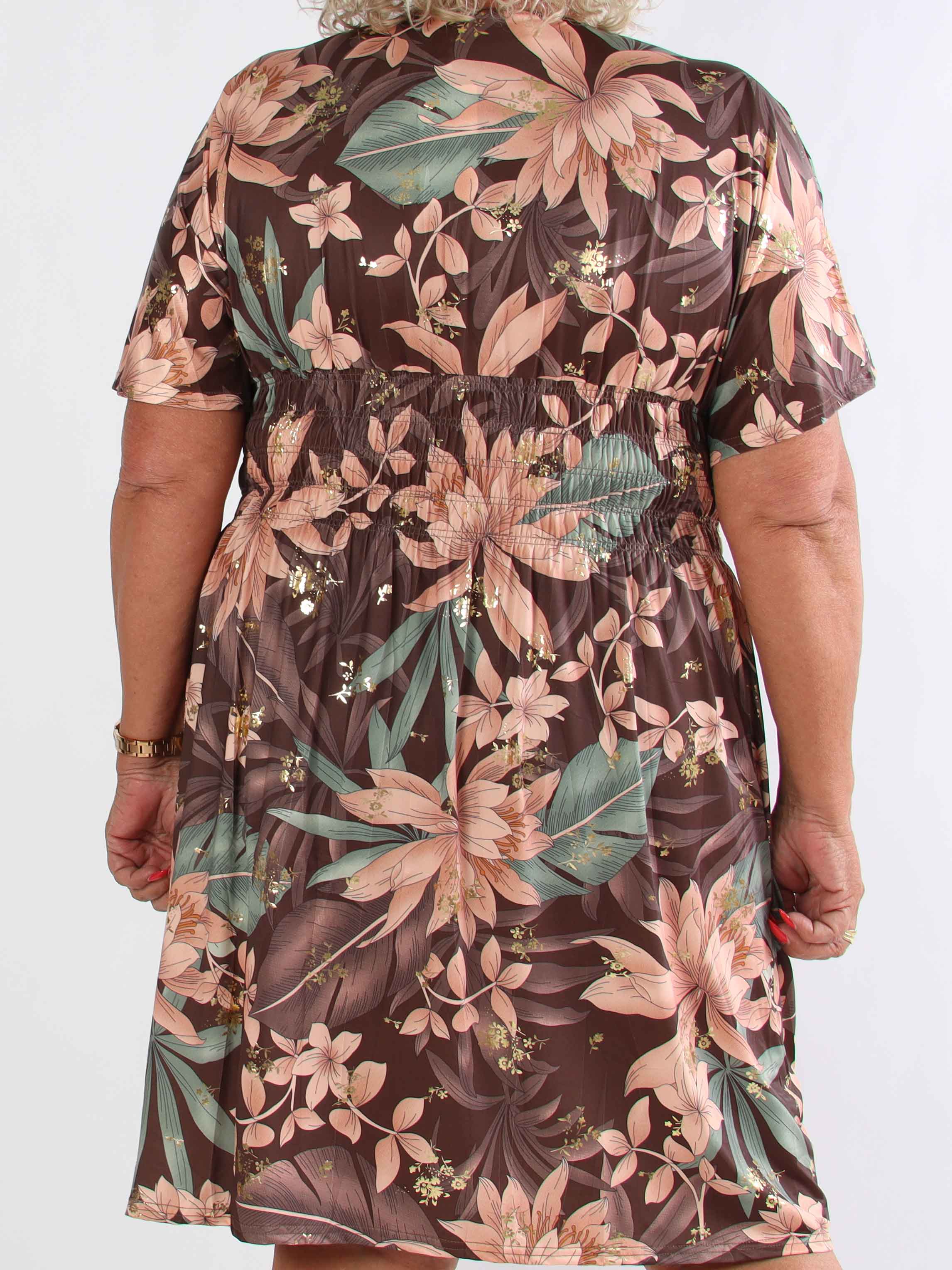 Pams New Leaf Short - Plus size klänning med färgat blommönster och gulddetaljer