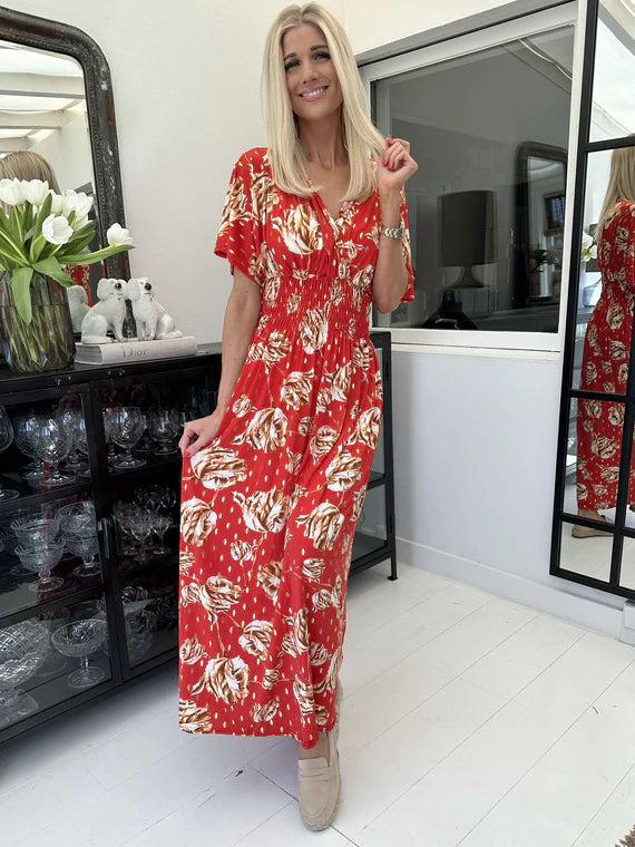 Pams Rose - Lång elastisk klänning i skrynkelfritt material