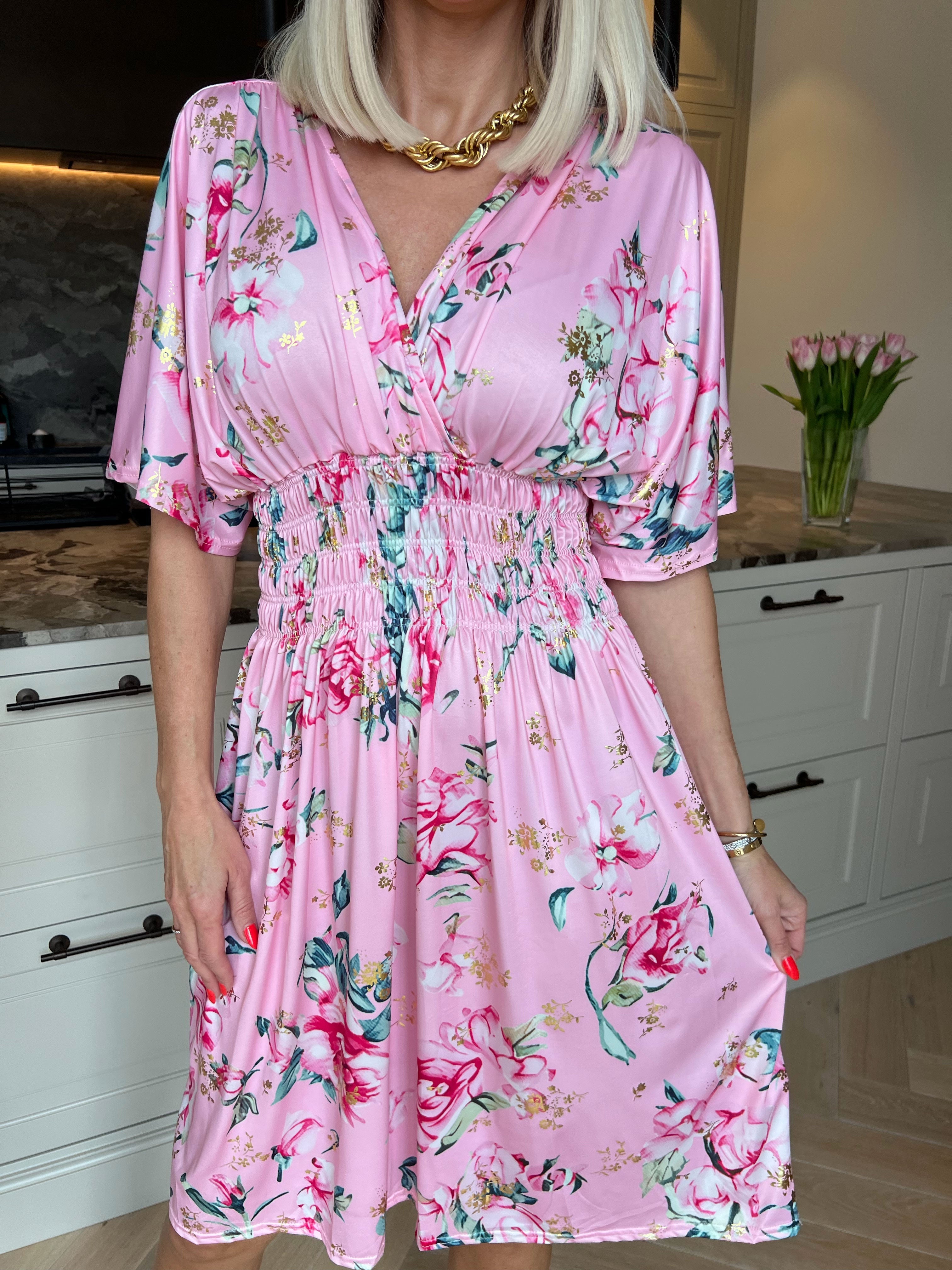 Pams Rosette Short - Elastisk kjole med fine blomster og guld detaljer