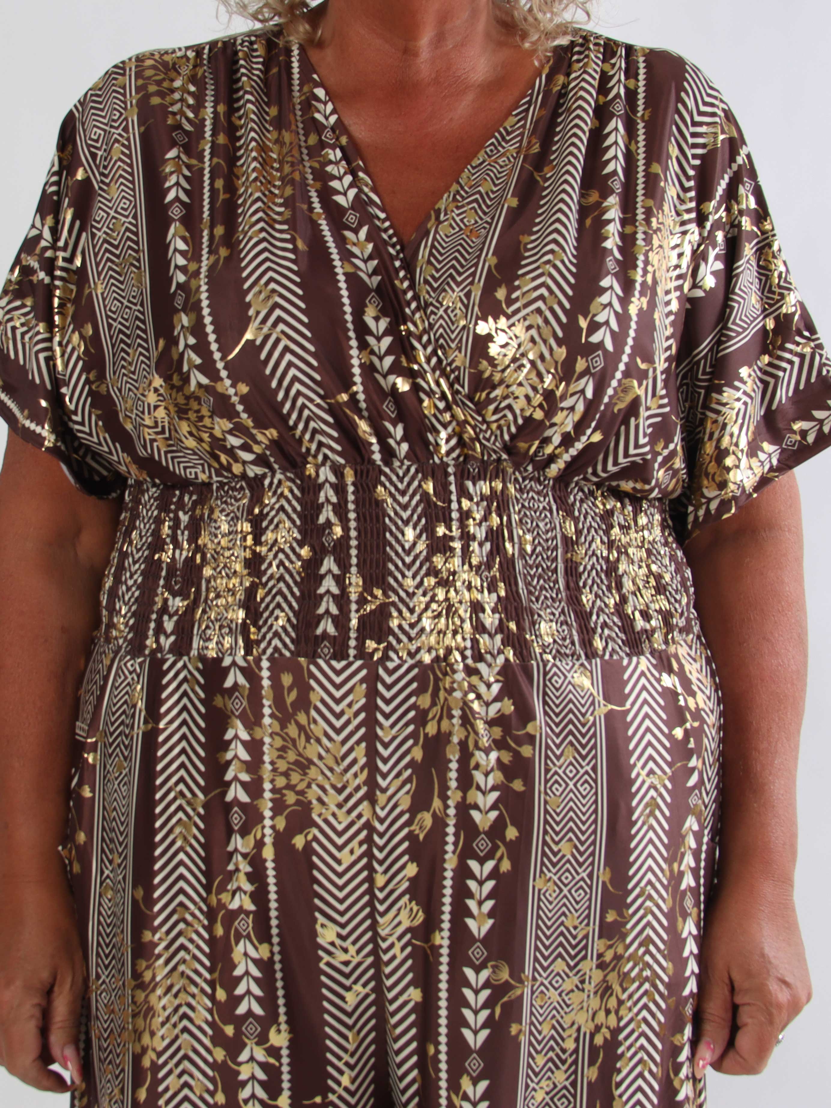 Pams Tribal Jumpsuit - Plus size mønstret buksedragt med små guld blomster