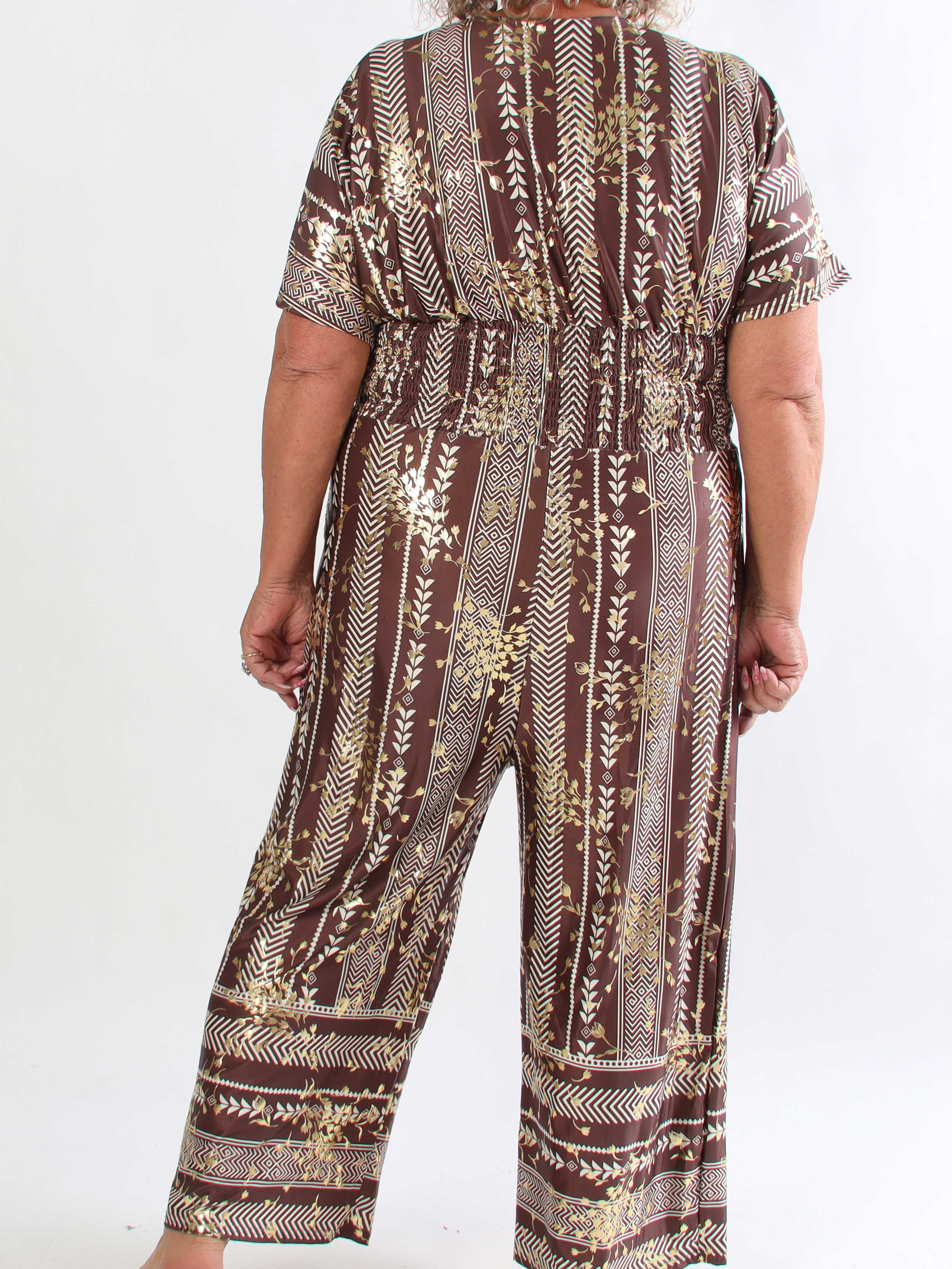 Pams Tribal Jumpsuit - Plus size mønstret buksedragt med små guld blomster