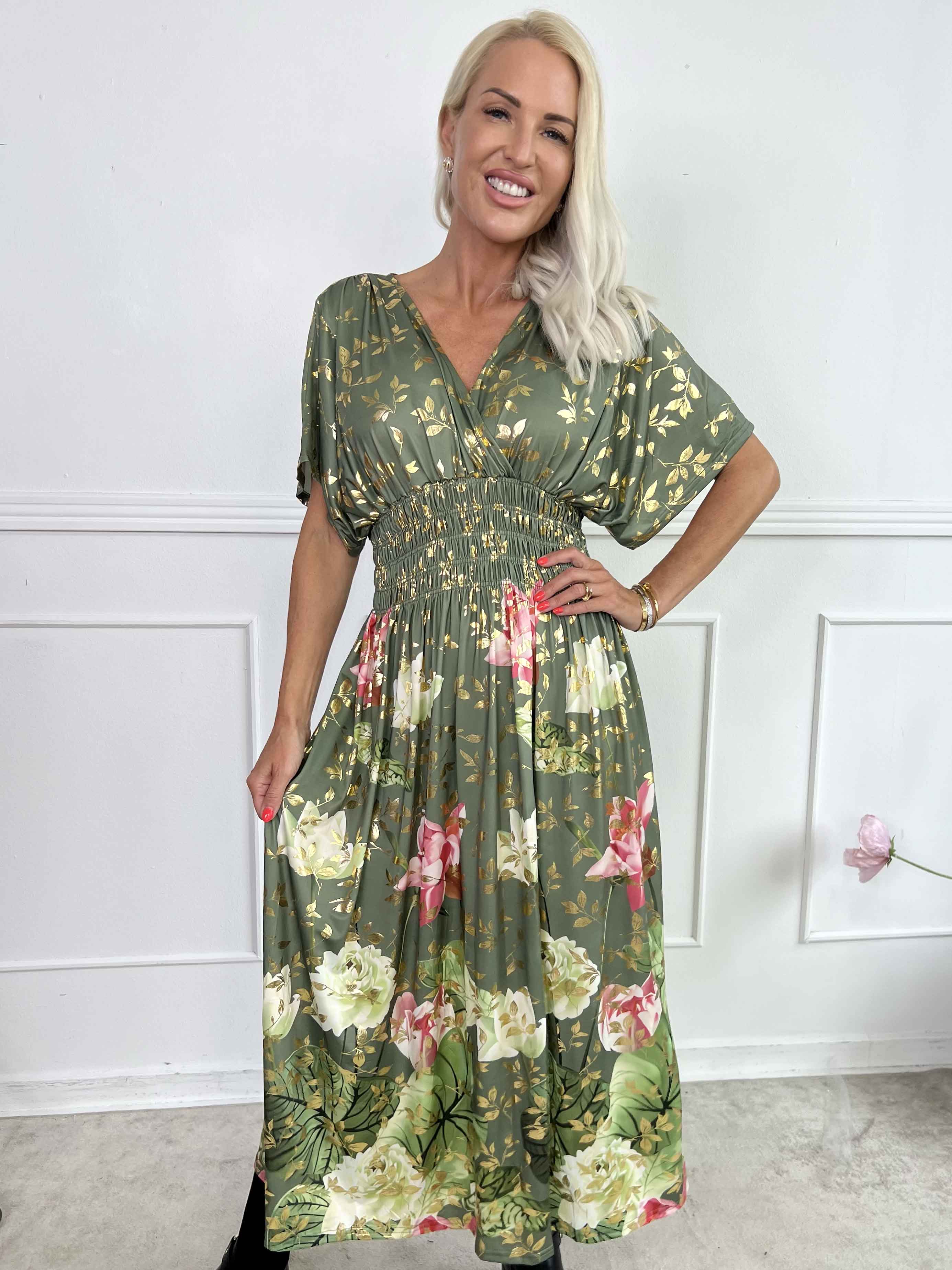 Pams Water Lily Midi - Elastisk klänning i blommigt mönster med guldfärgade blad