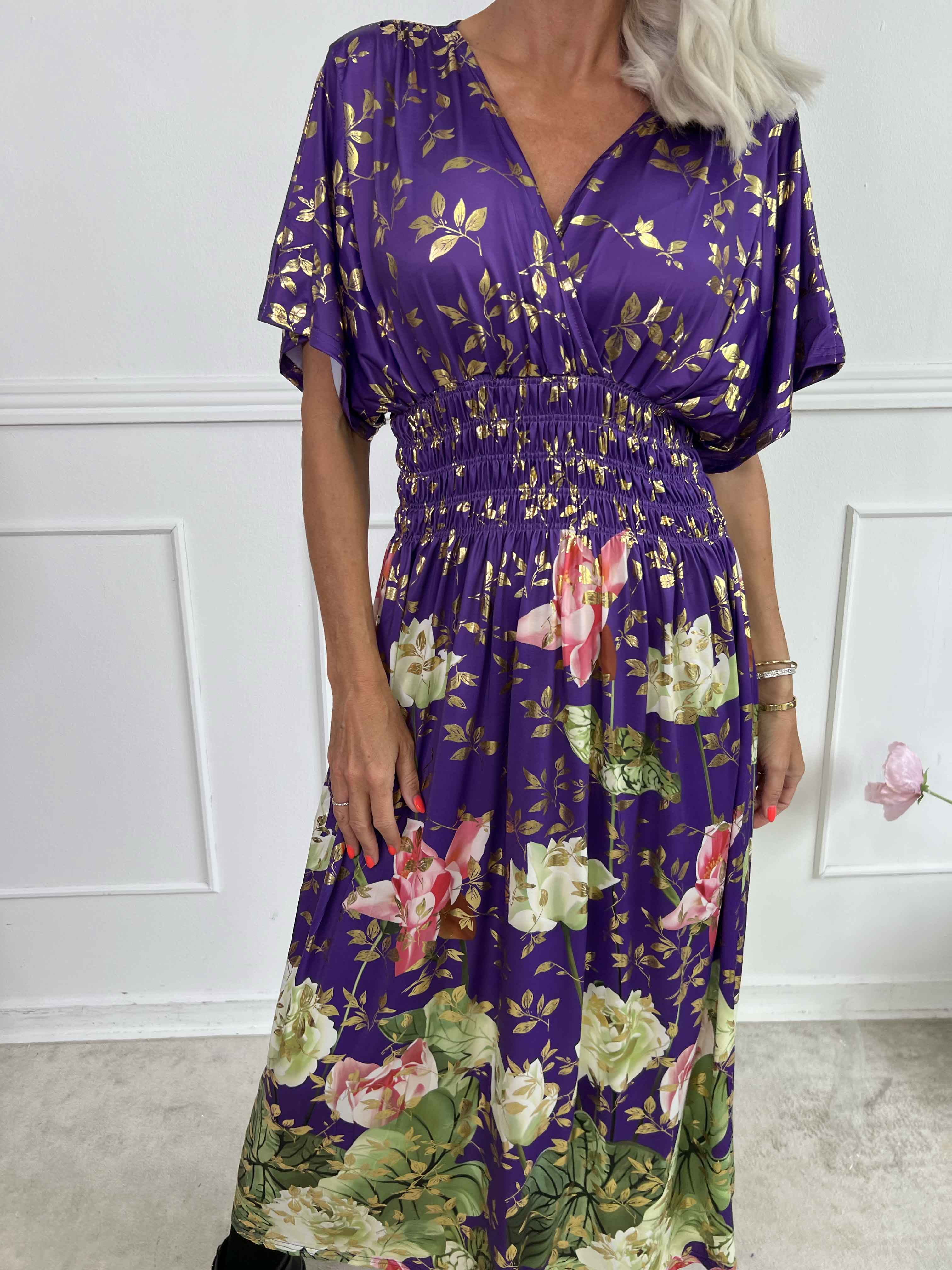 Pams Water Lily Midi - Elastisk klänning i blommigt mönster med guldfärgade blad