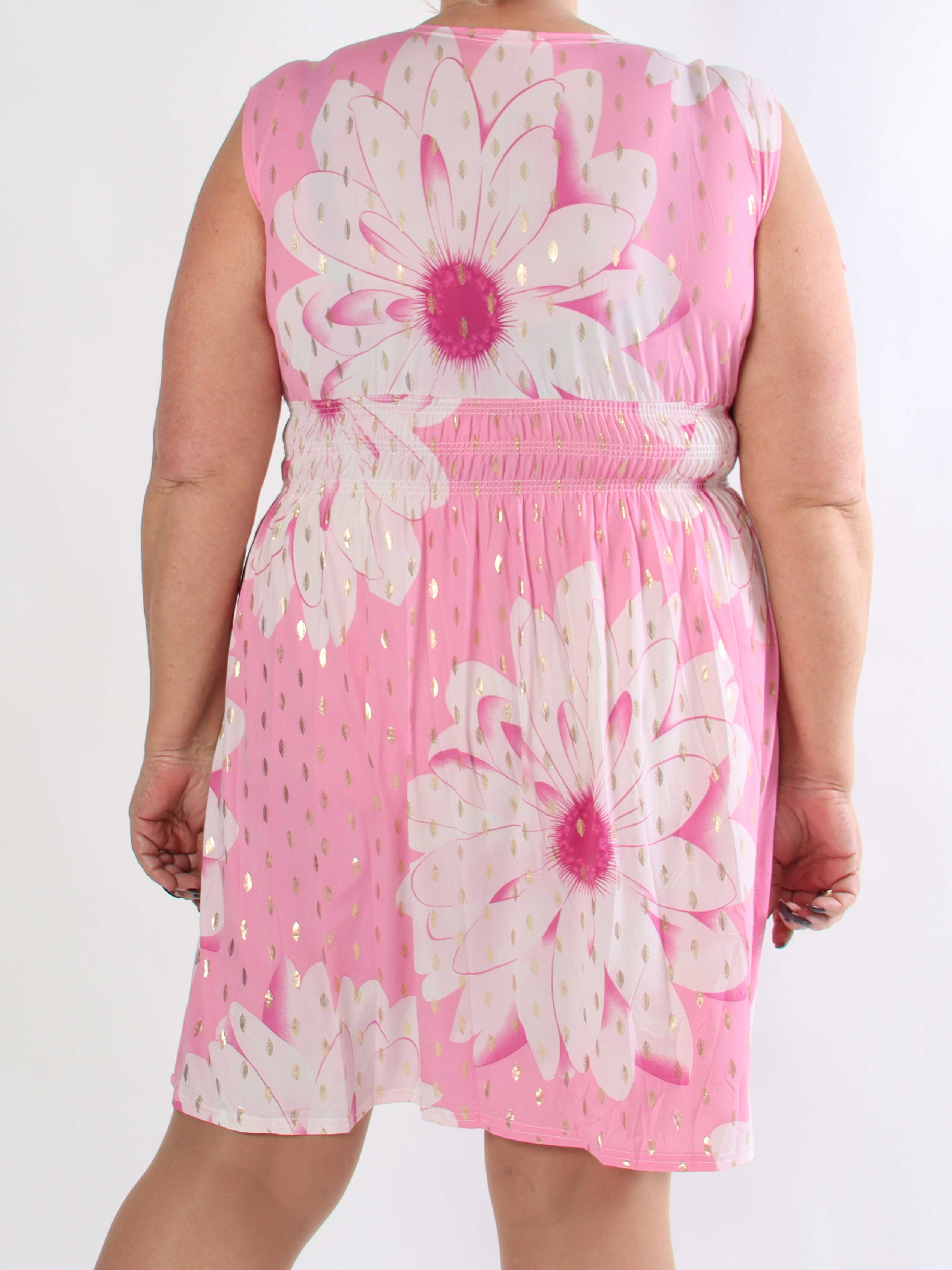 Pams Eden Short - Kort plus size kjole med blomster og guld detaljer