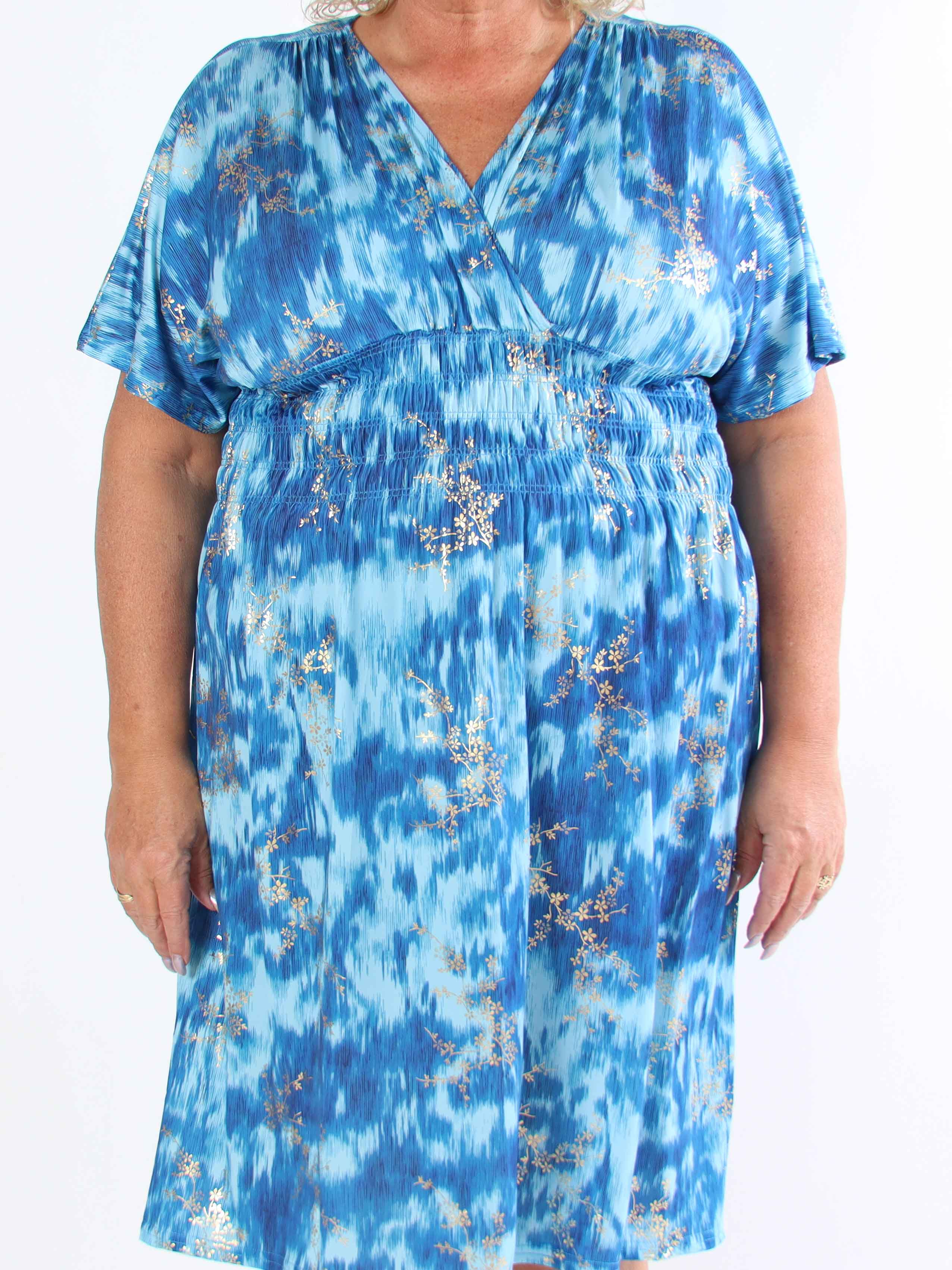 Pams Art Short - Elastisk klänning i plusstorlek med guldblommor