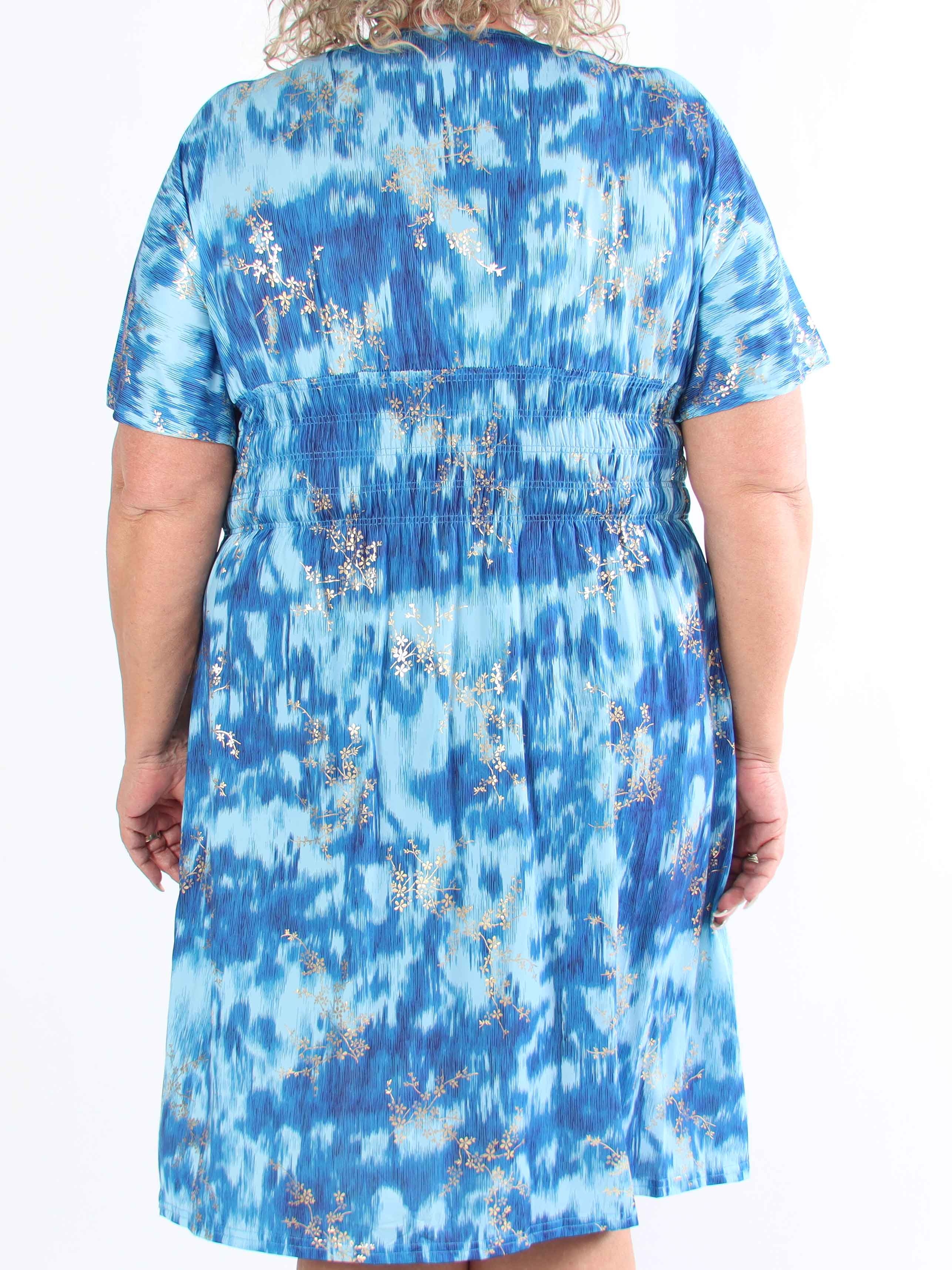 Pams Art Short - Elastisk klänning i plusstorlek med guldblommor