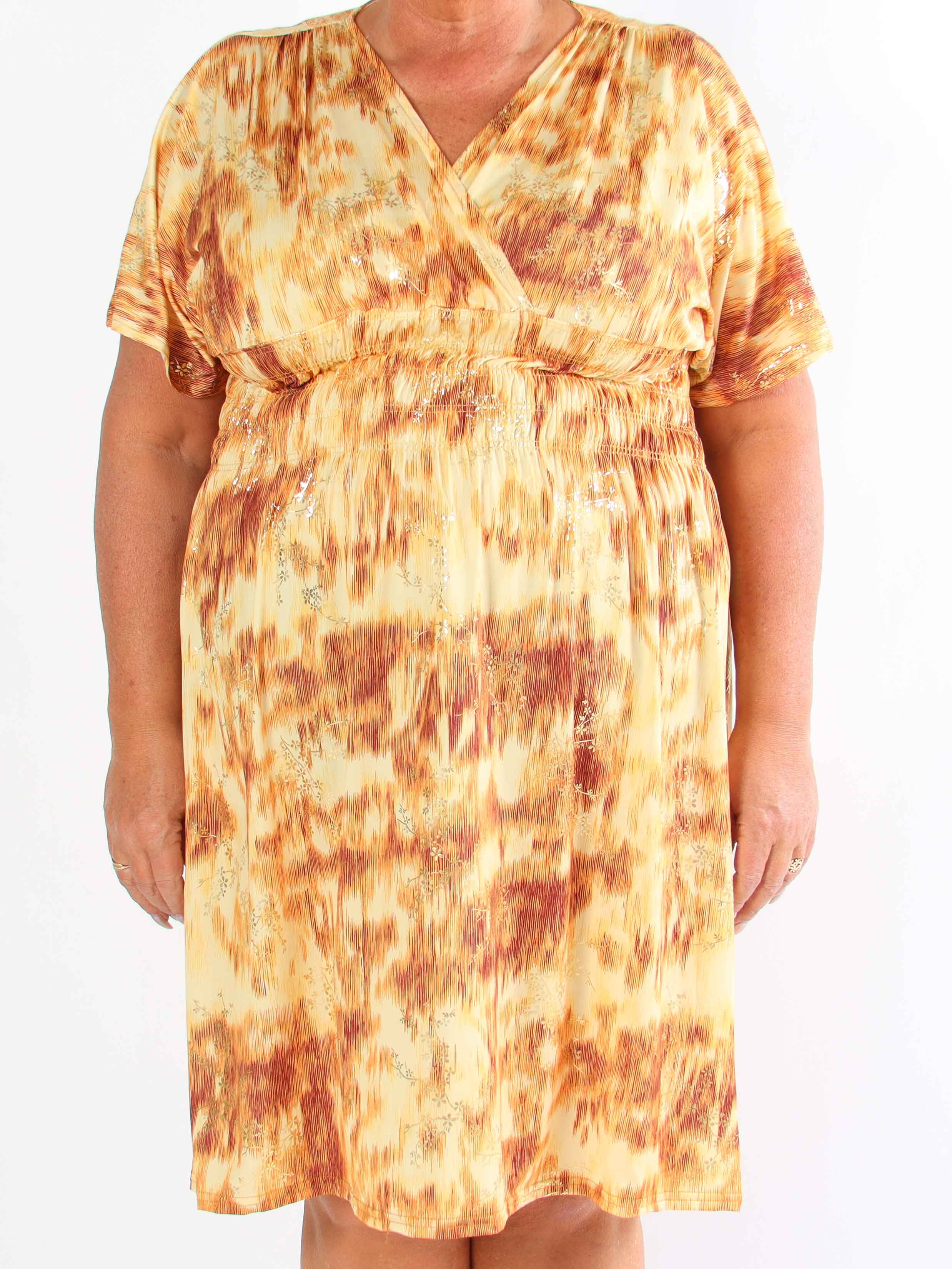 Pams Art Short - Elastisk klänning i plusstorlek med guldblommor