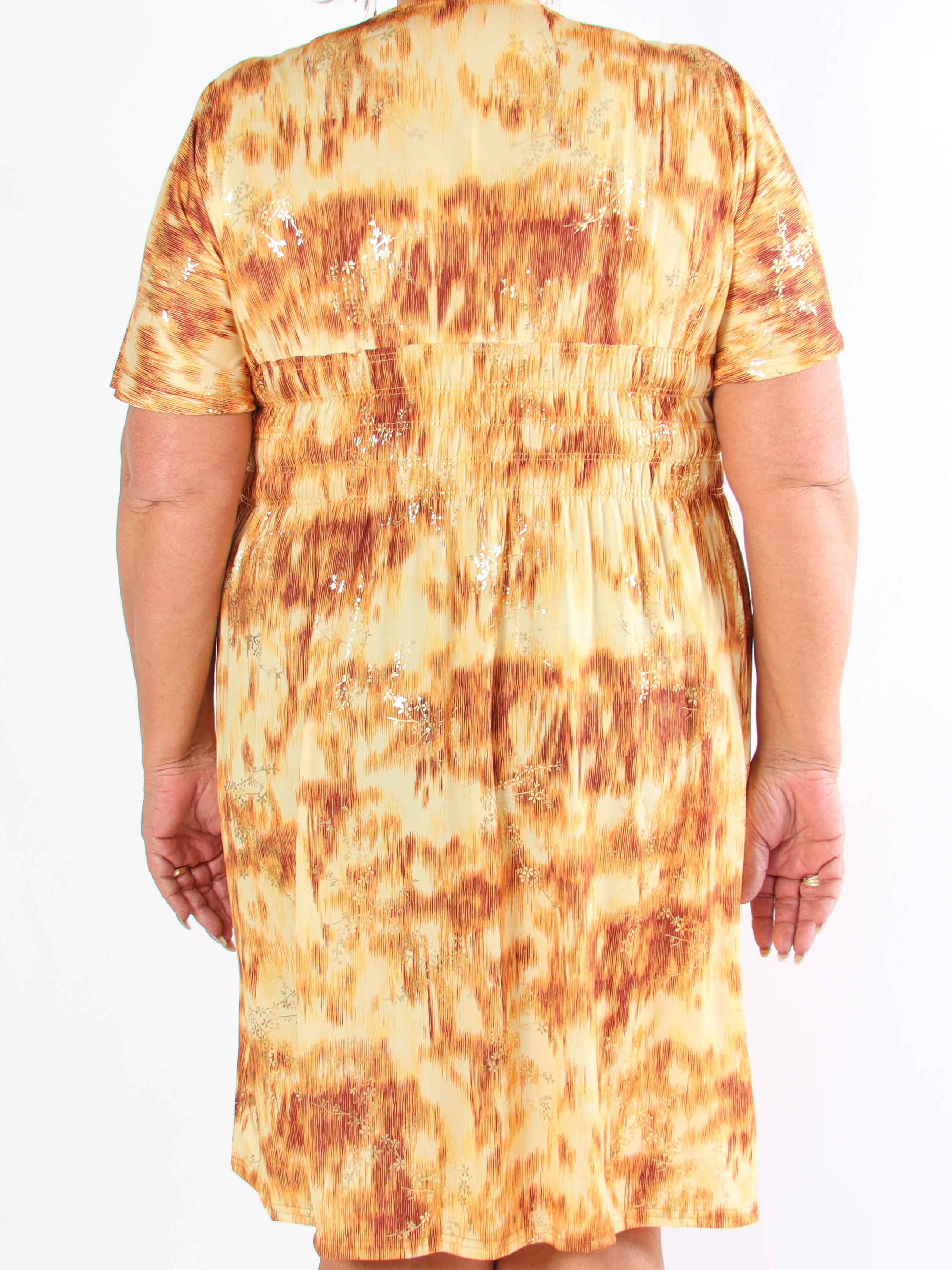 Pams Art Short - Elastisk klänning i plusstorlek med guldblommor