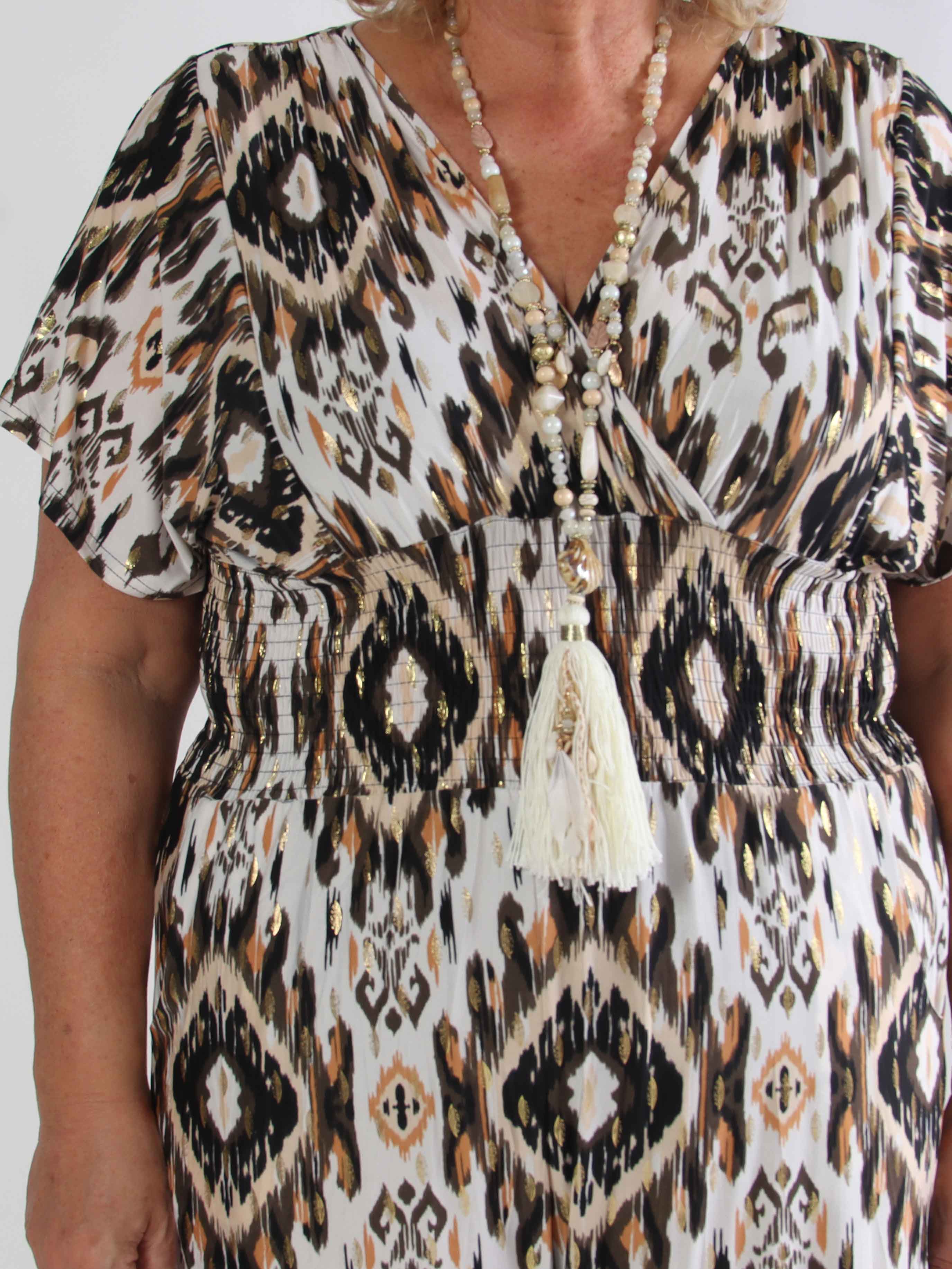 Pams Artsy Jumpsuit - Elastisk plus size mønstret buksedragt med guld dutter