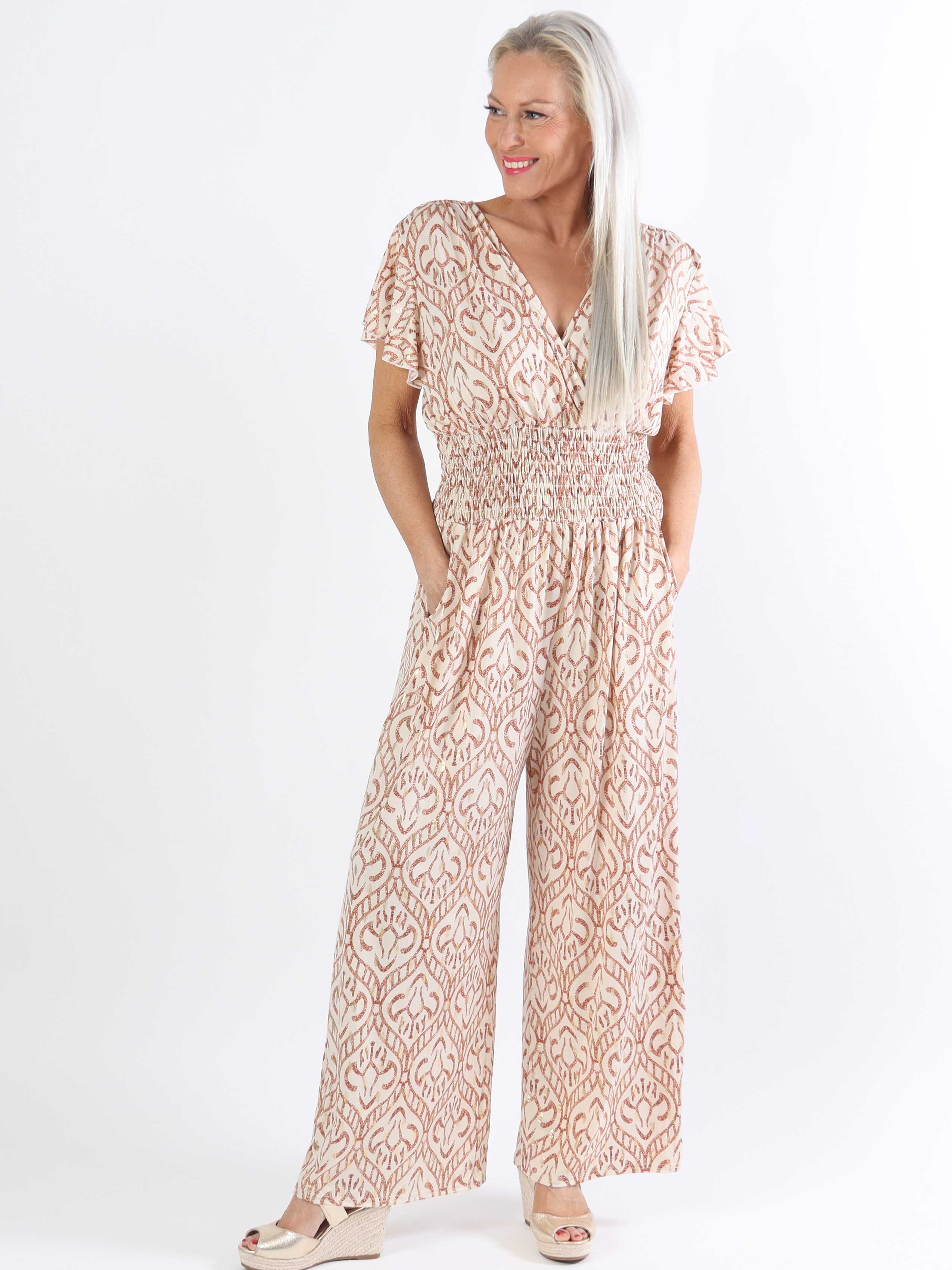 Pams Boho Jumpsuit O/B - Mönstrad elastisk jumpsuit i plusstorlek
