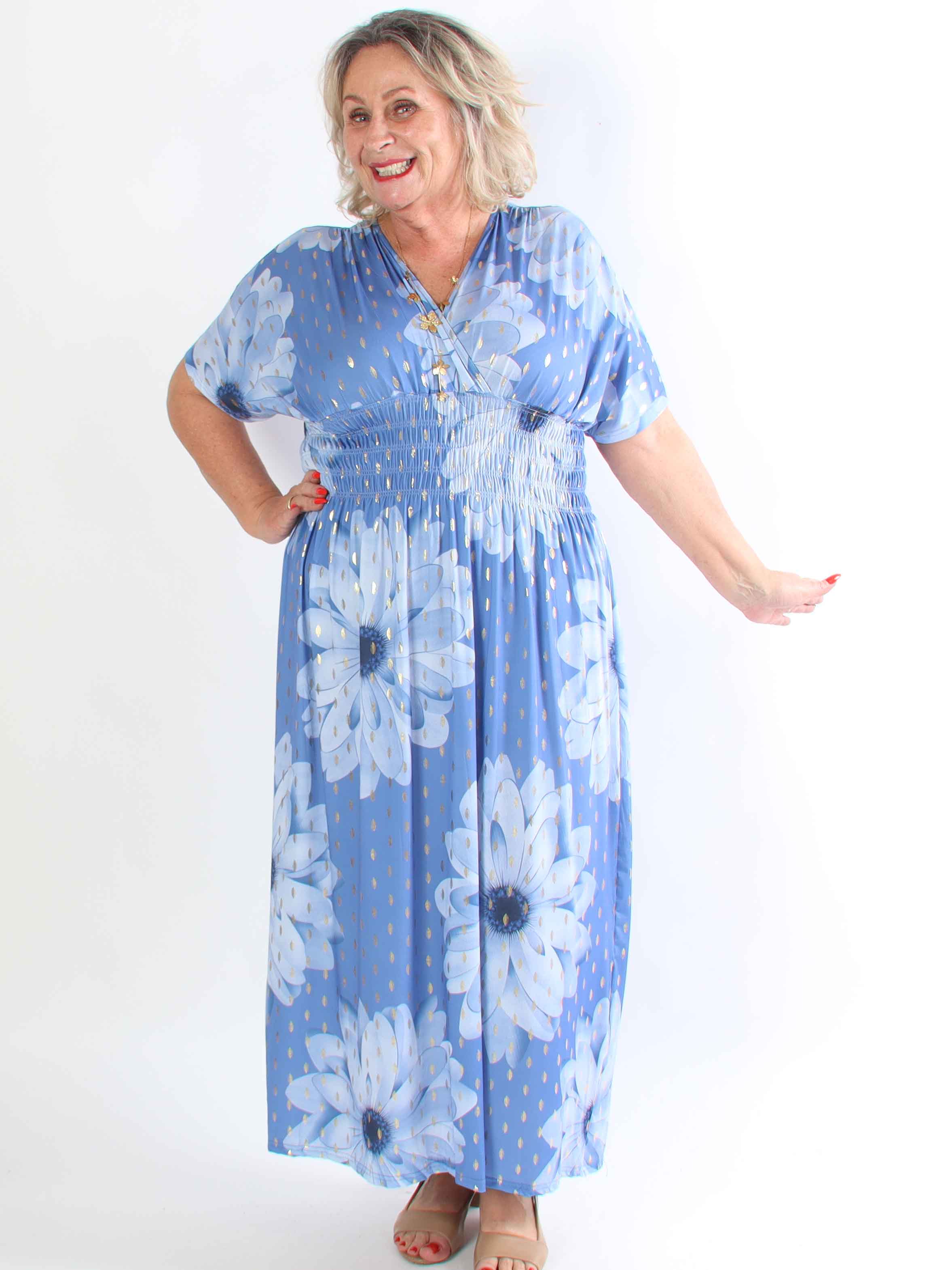 Pams Eden - Lang plus size kjole med store blomster og guld dutter