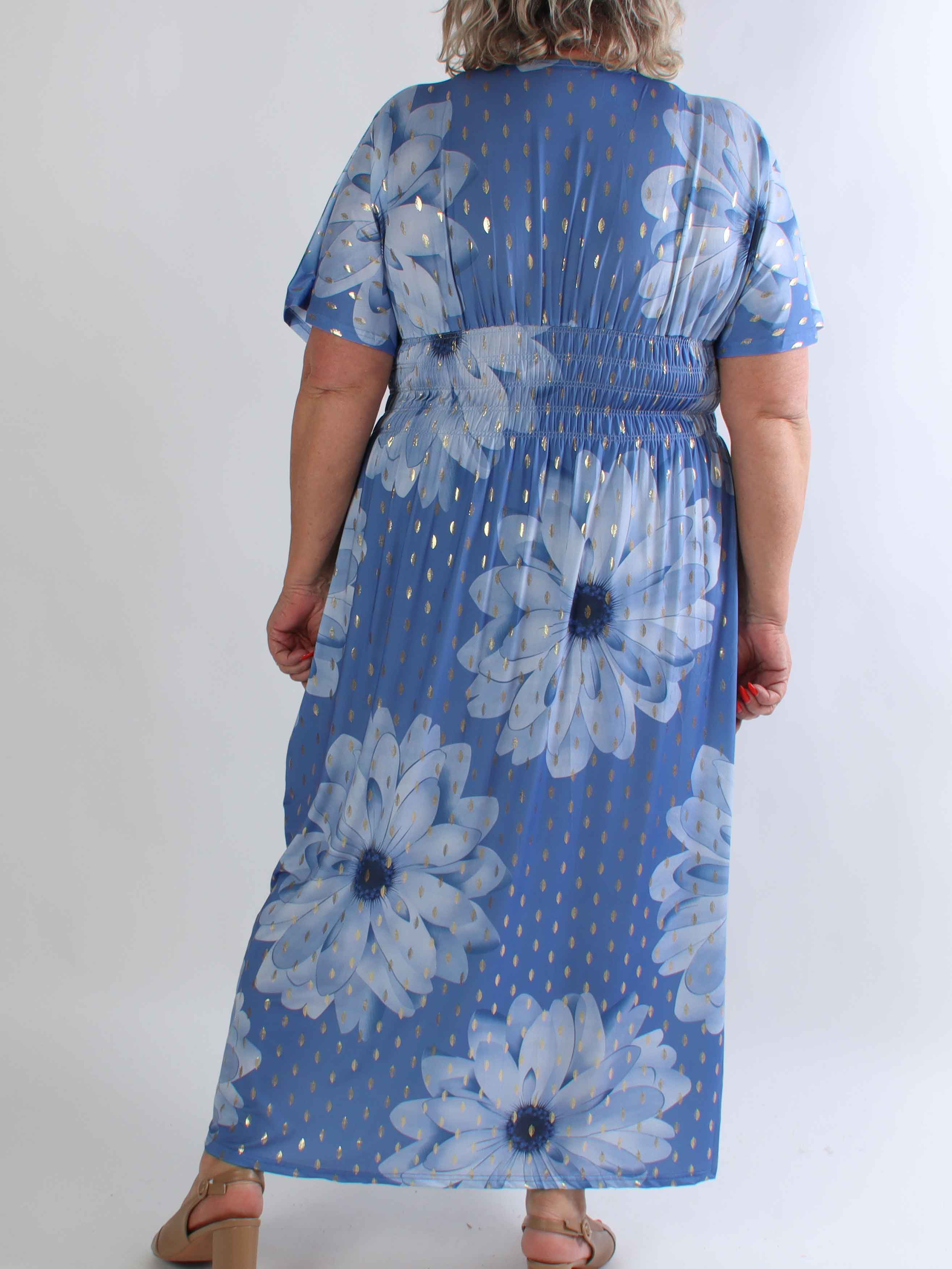 Pams Eden - Lang plus size kjole med store blomster og guld dutter