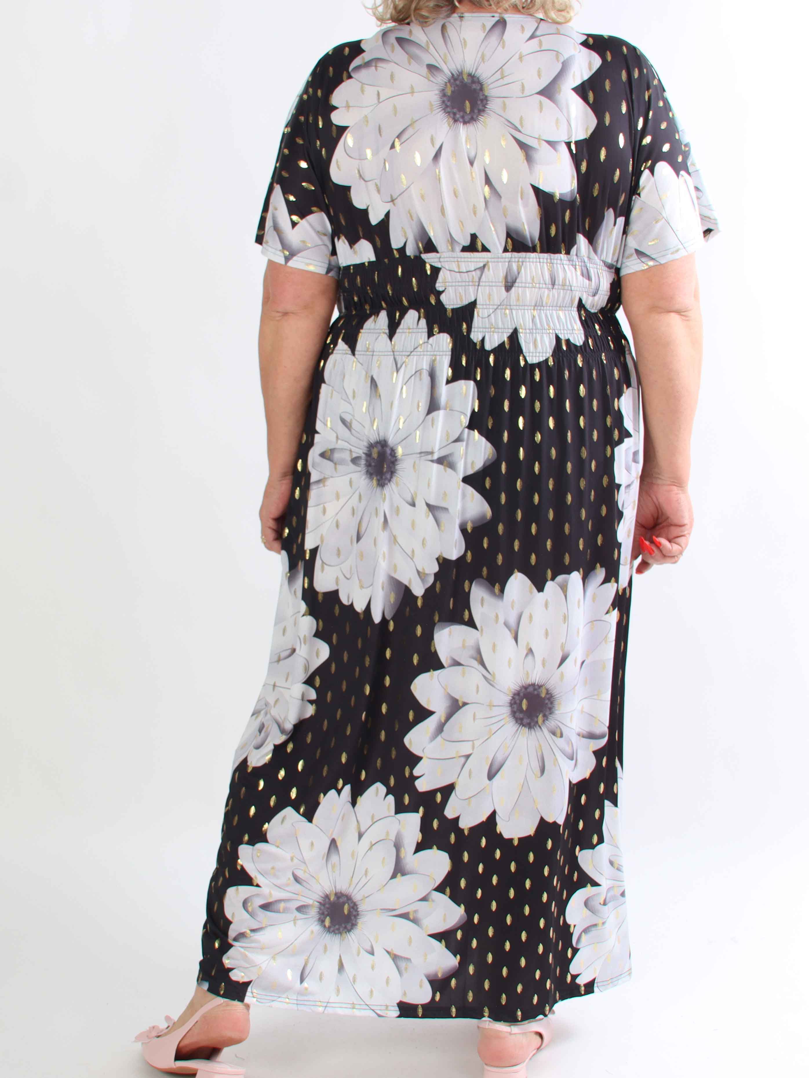 Pams Eden - Lang plus size kjole med store blomster og guld dutter