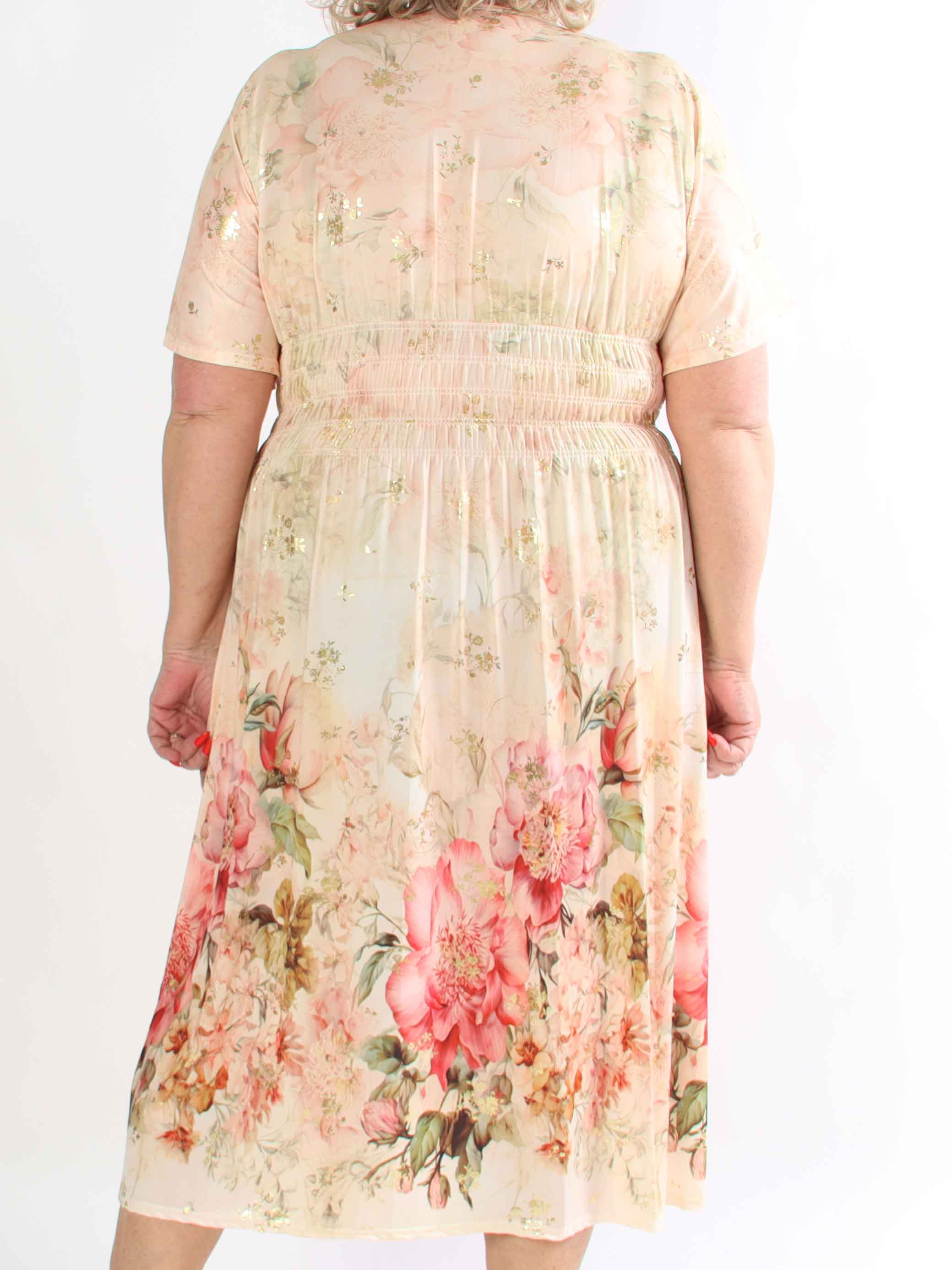 Pams Ethereal Midi - Plus size kjole med blomster motiver og guld detaljer