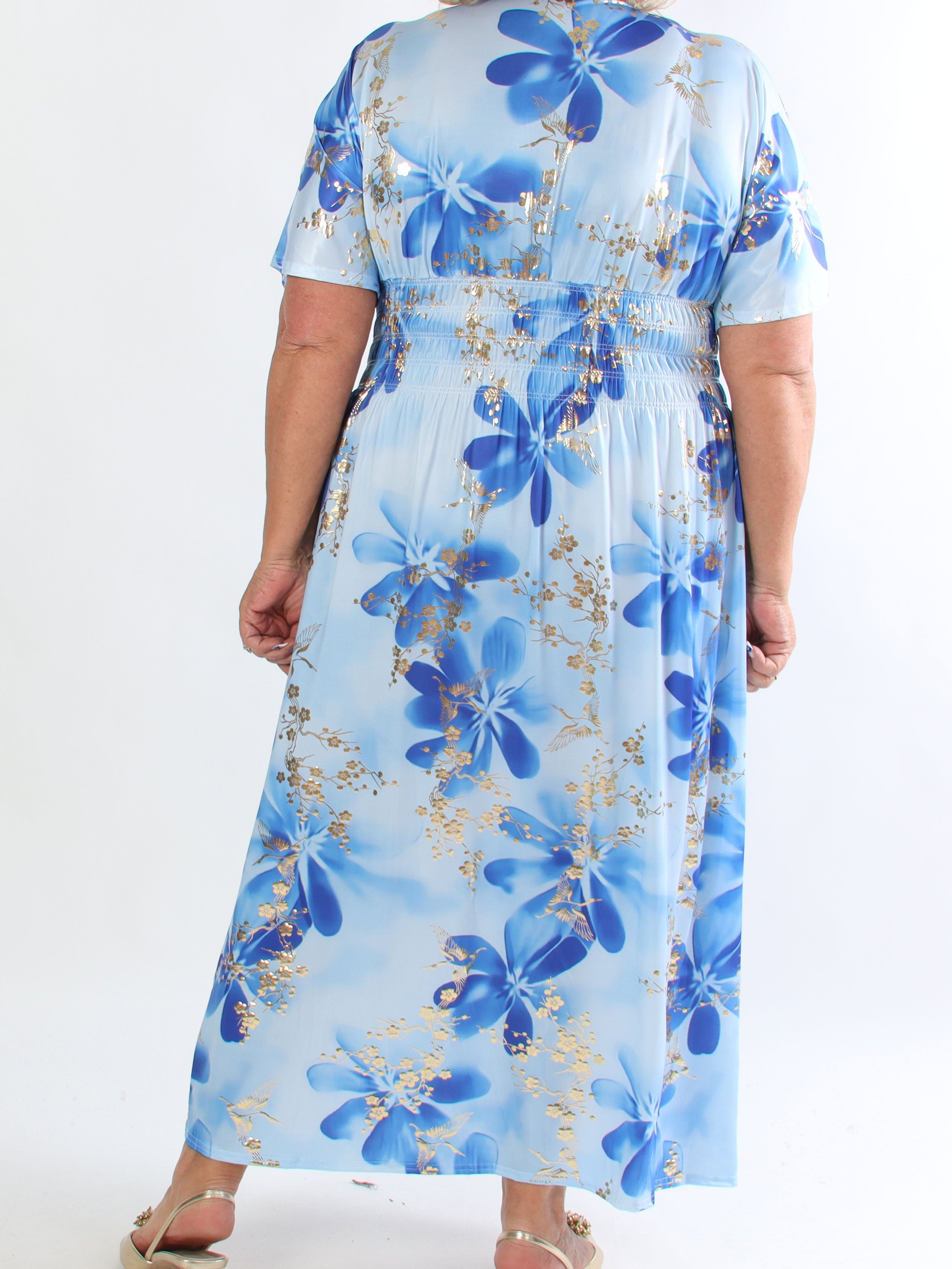 Pams Fleur - Plus size elastisk kjole med smock og japansk inspireret gulddetaljer