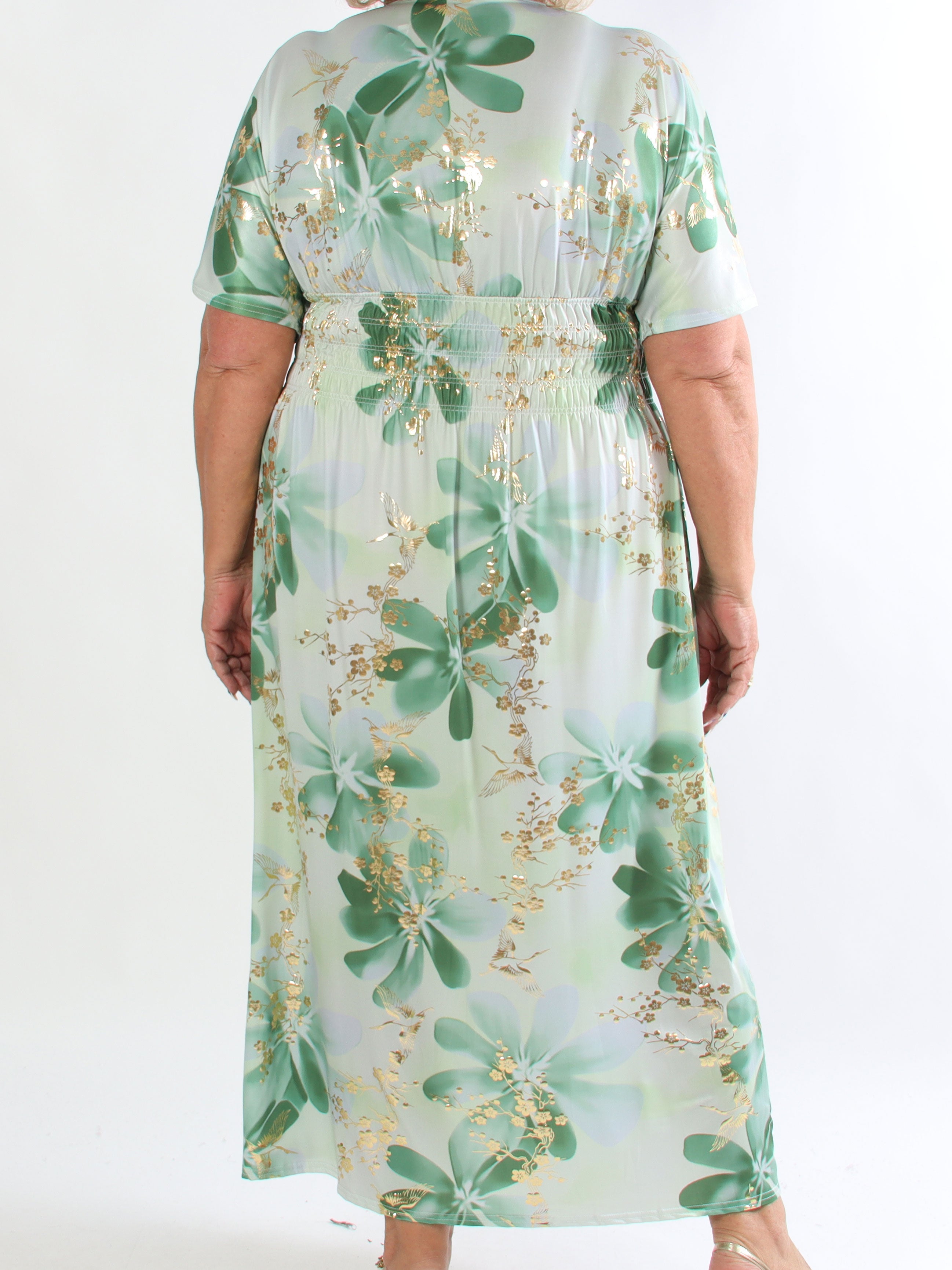 Pams Fleur - Plus size elastisk kjole med smock og japansk inspireret gulddetaljer