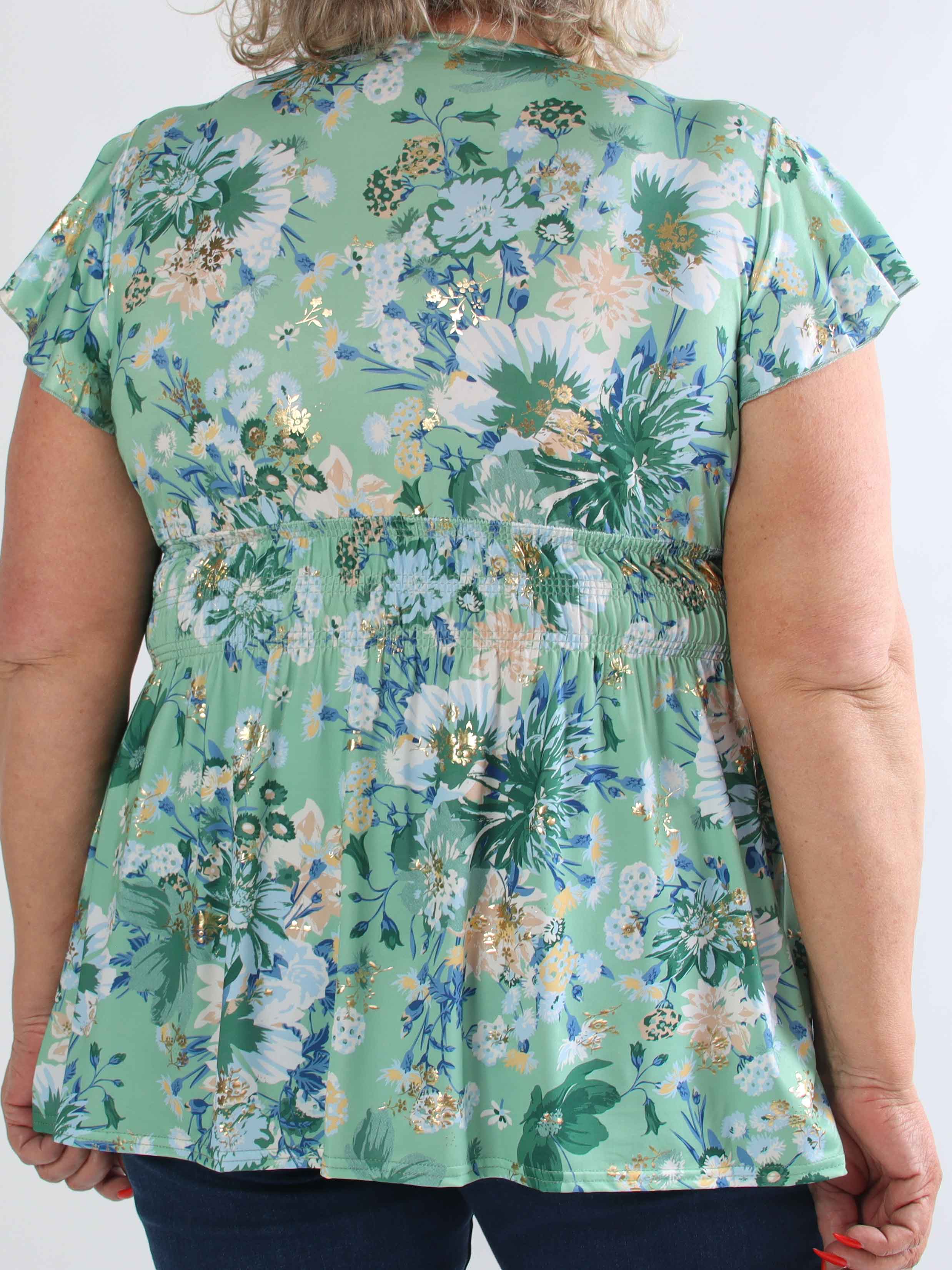 Pams Flower Shirt - Plus size bluse med fine blomster og guld detaljer