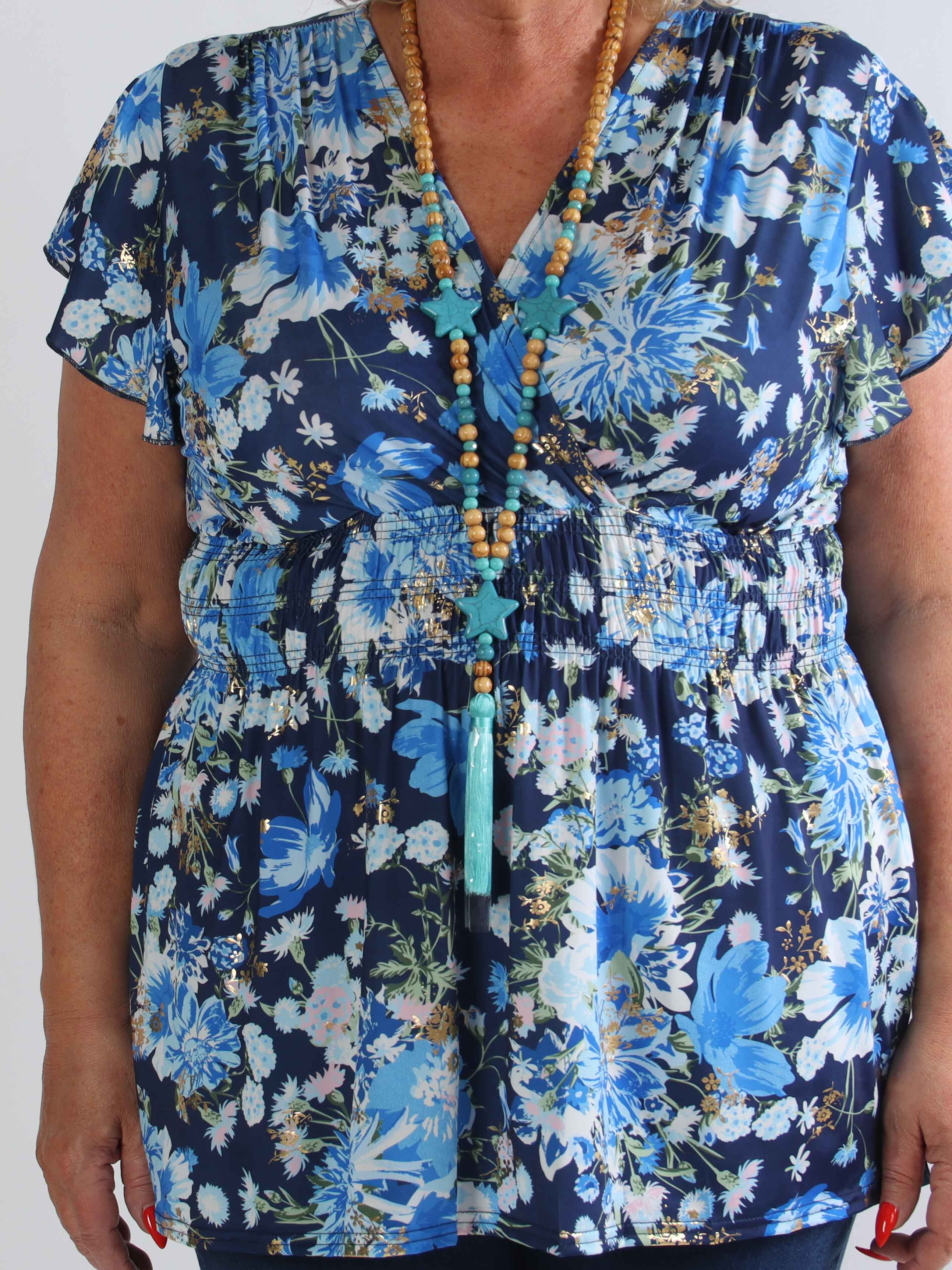Pams Flower Shirt - Plus size bluse med fine blomster og guld detaljer