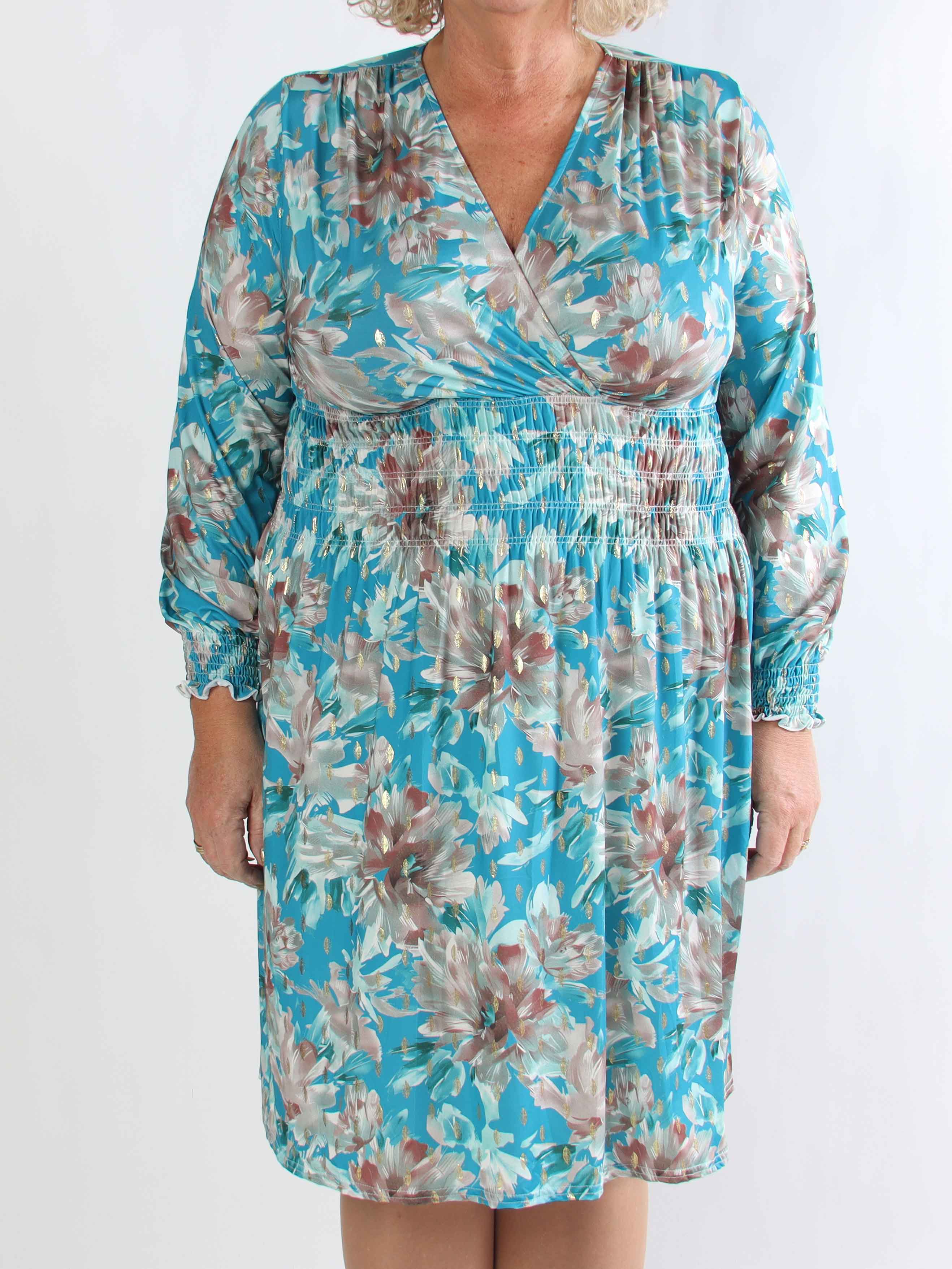 Pams Flora Short L/S - Plus size kjole i krølfrit stof med lange ærmer