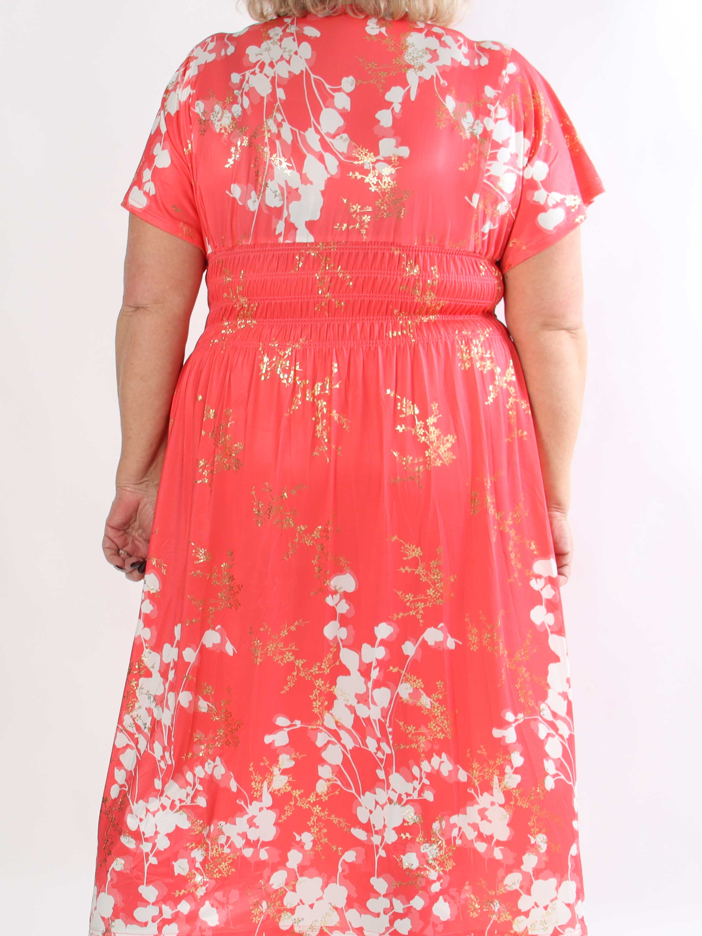 Pams Gilded Midi - Plus size kjole med blomsterprint og guld blade