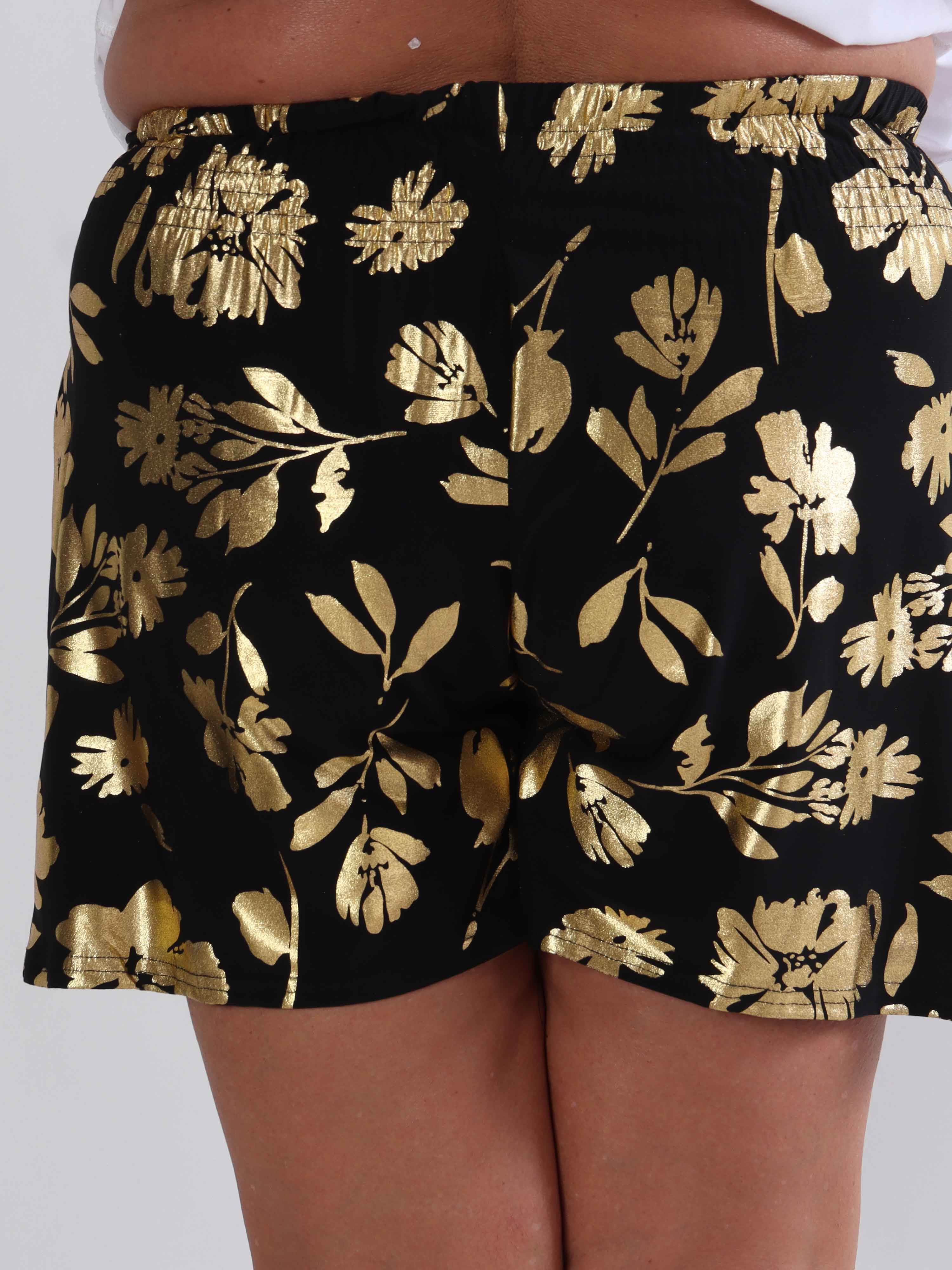 Pams Gold Flower Shorts - Elastiska shorts i plusstorlek med guldblad
