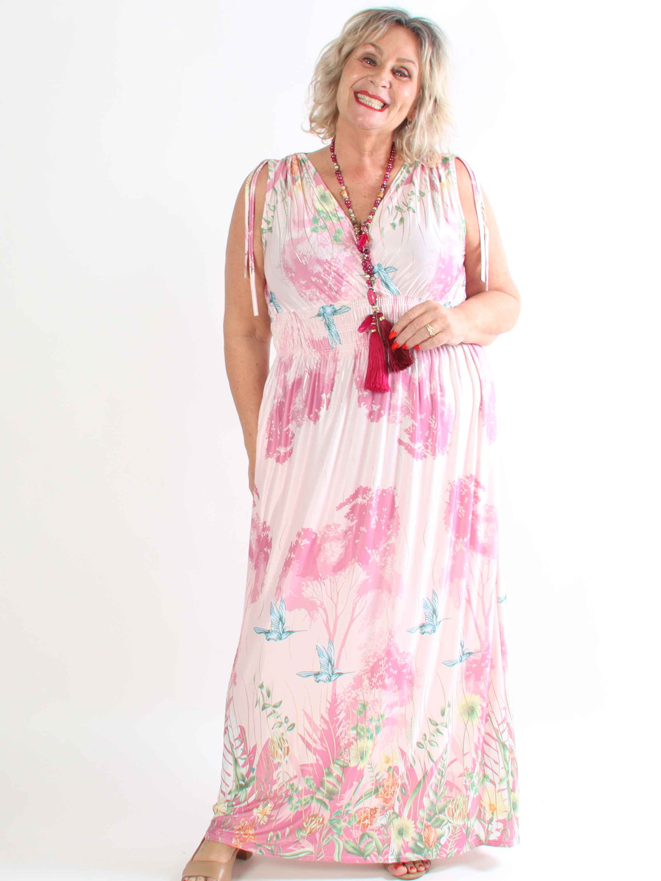Pams Hummingbird Sleeveless - Elastisk plus size kjole med blomster og fugle motiver