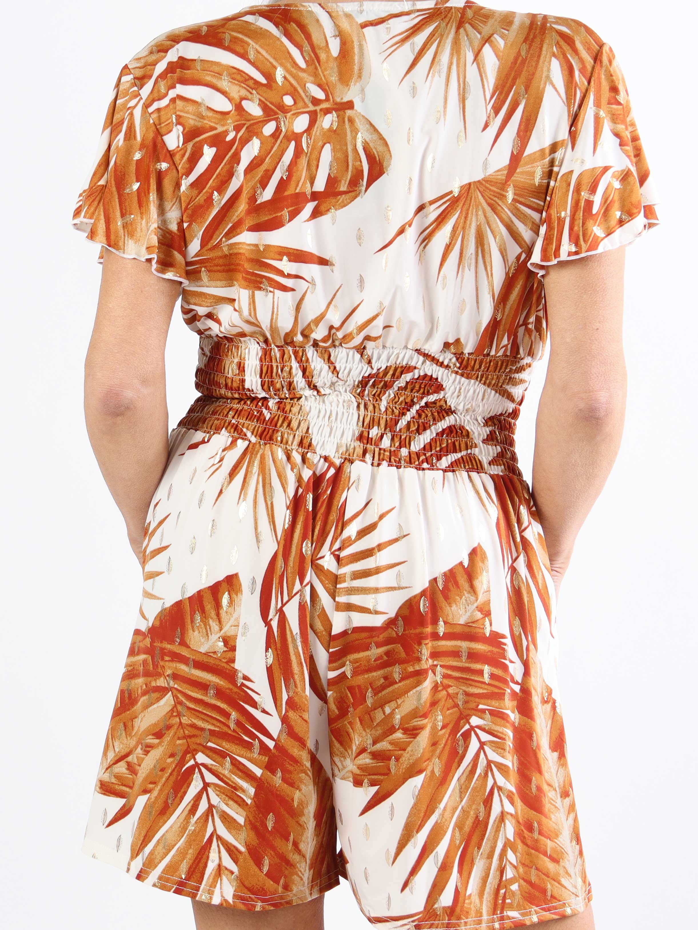 Pams Leaf Playsuit - Elastisk playsuit i plusstorlek med bladmönster