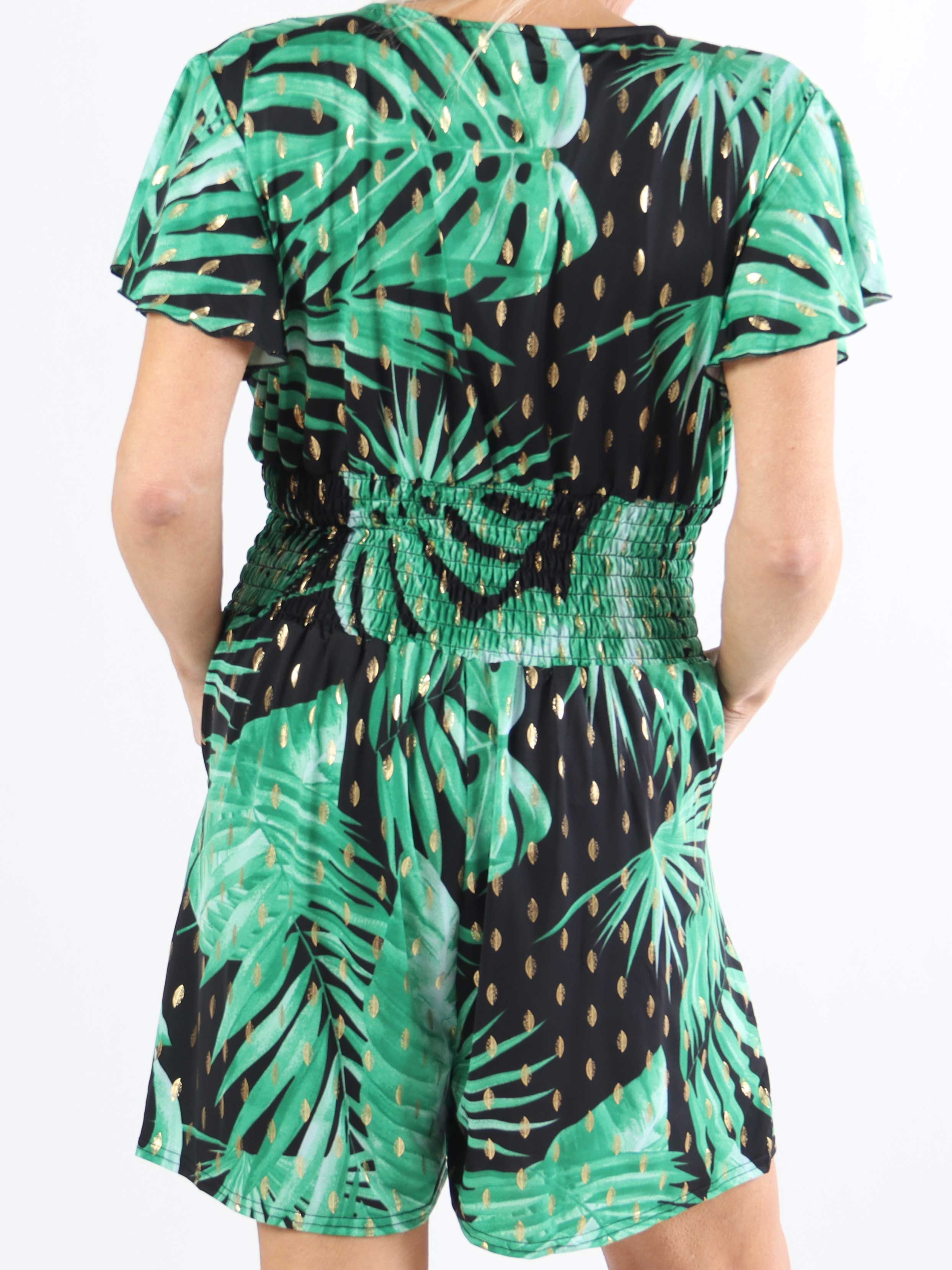 Pams Leaf Playsuit - Elastisk playsuit i plusstorlek med bladmönster