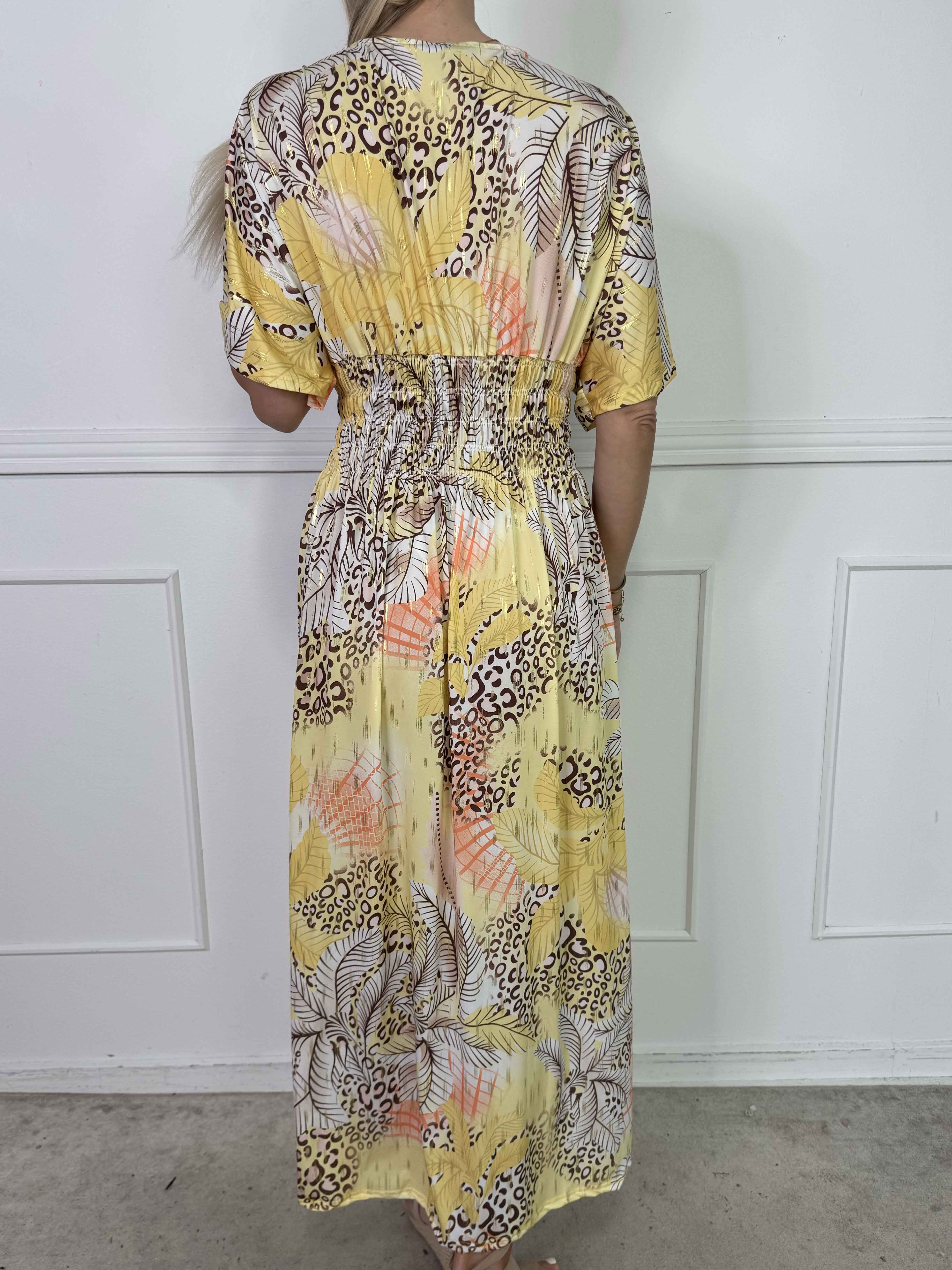 Pams Multi Leo - Lang elastisk kjole med print og guld detaljer