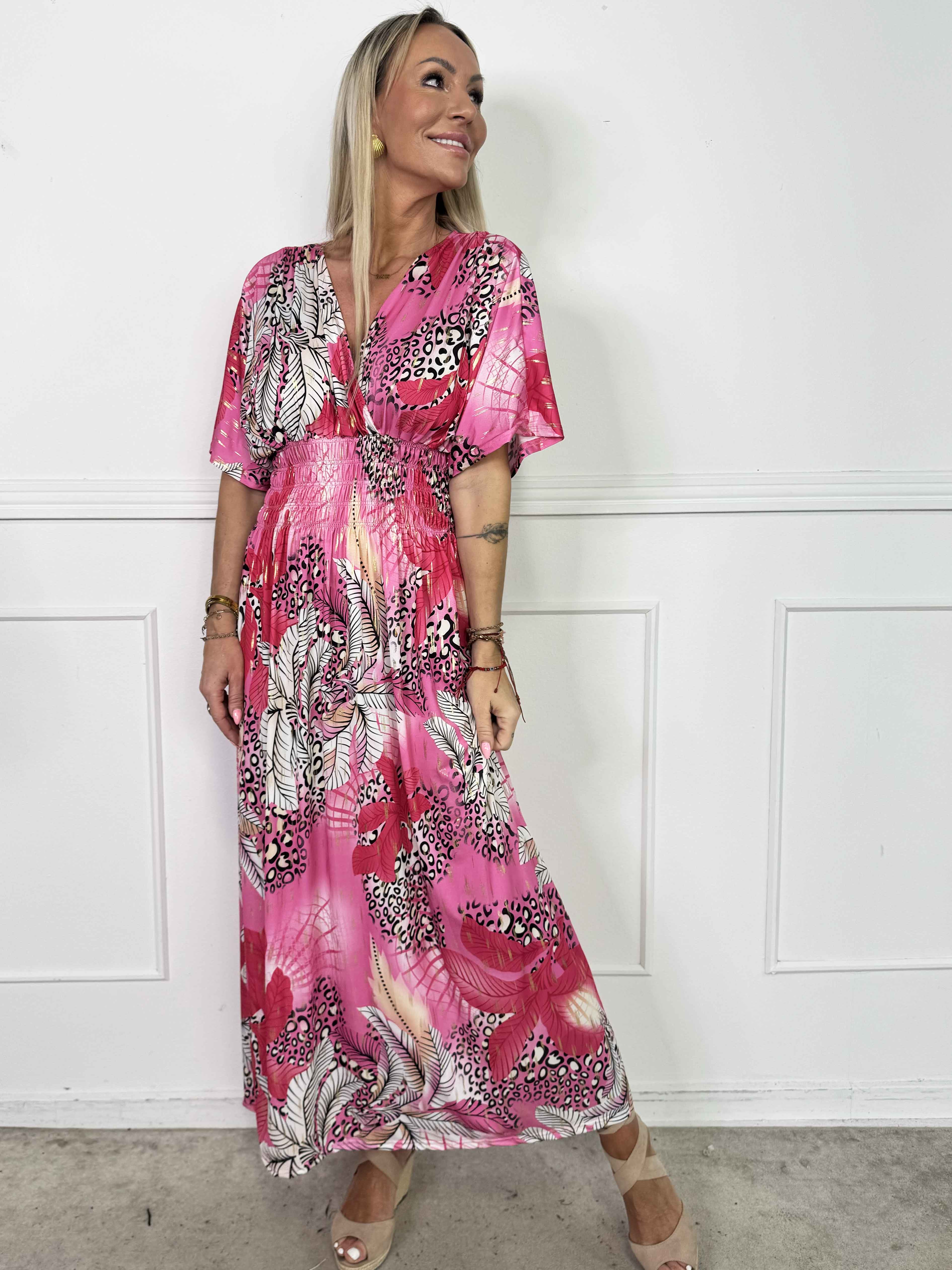 Pams Multi Leo - Lang elastisk kjole med print og guld detaljer