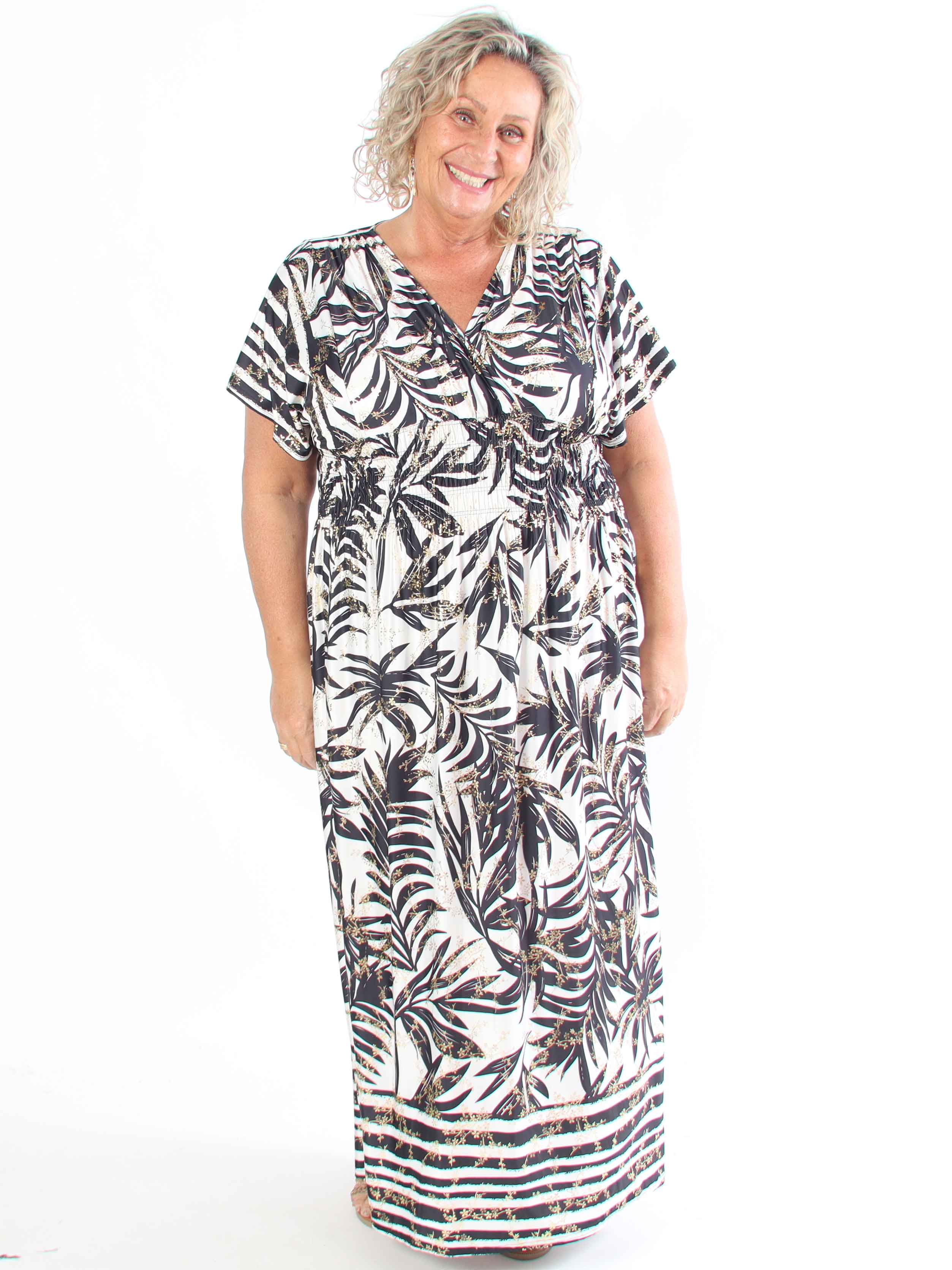 Pams Palm - Lång plus size-klänning med palmblad och smockad midja