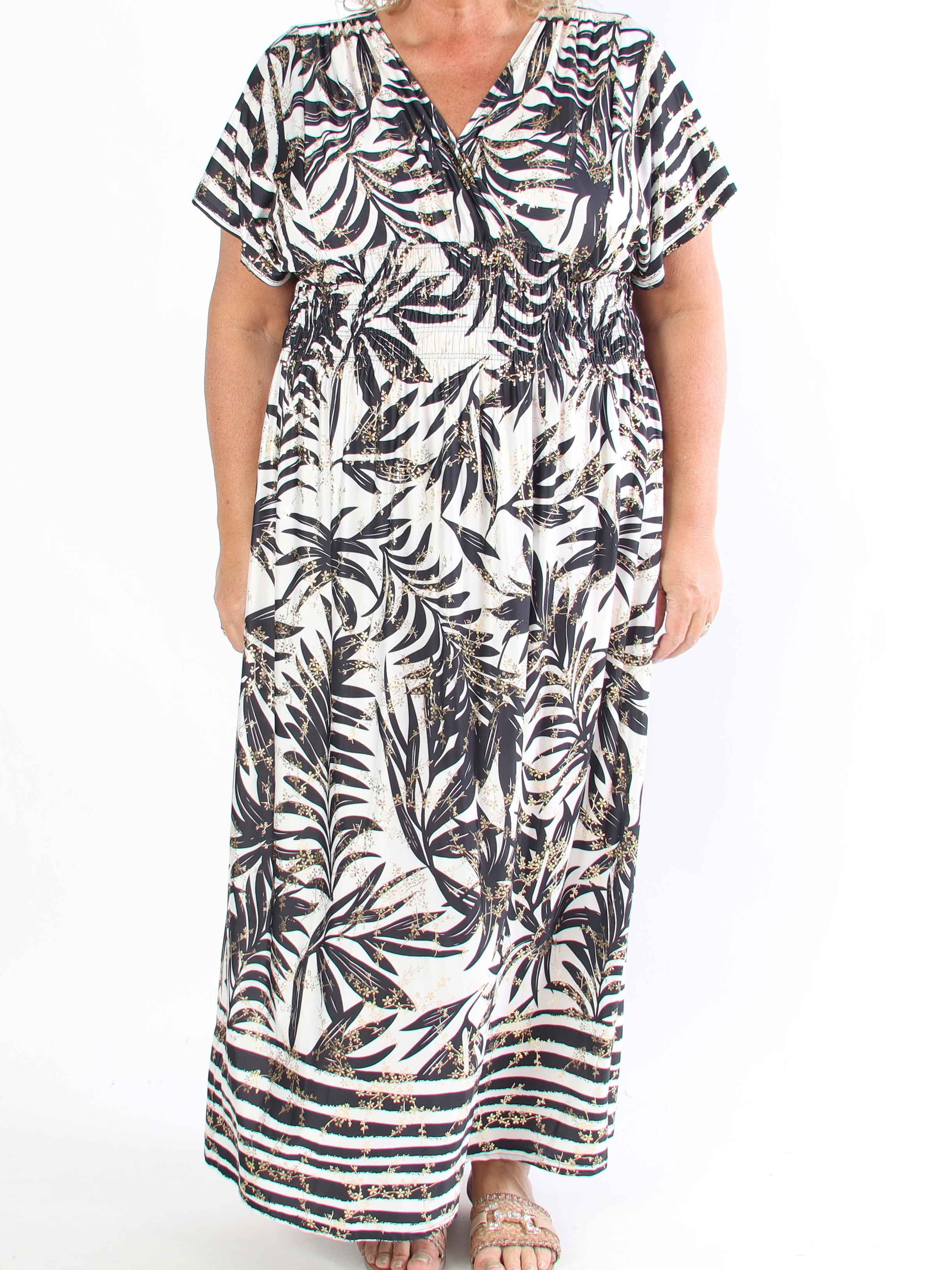 Pams Palm - Lång plus size-klänning med palmblad och smockad midja