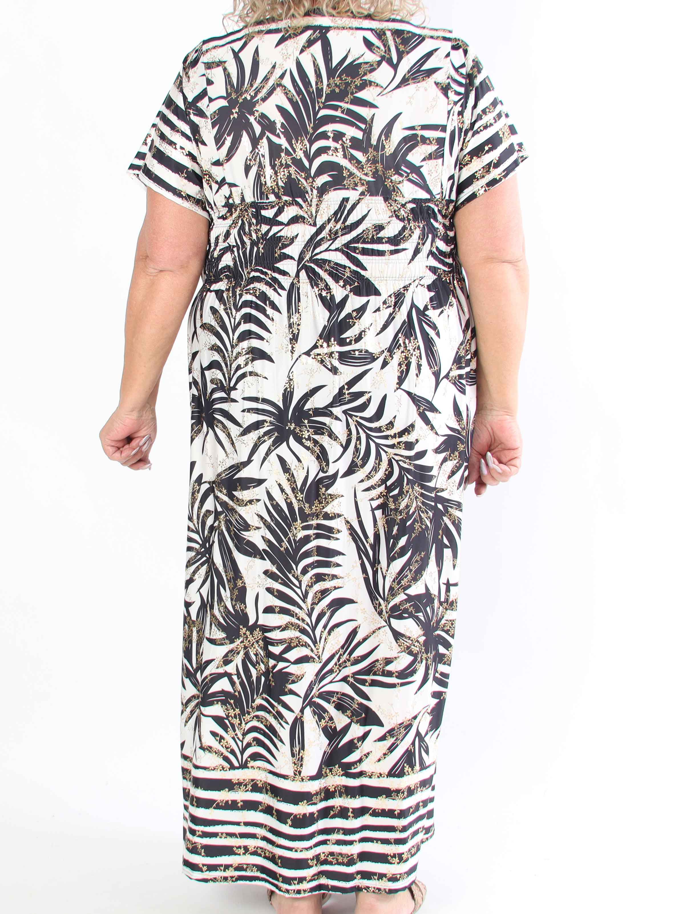 Pams Palm - Lång plus size-klänning med palmblad och smockad midja