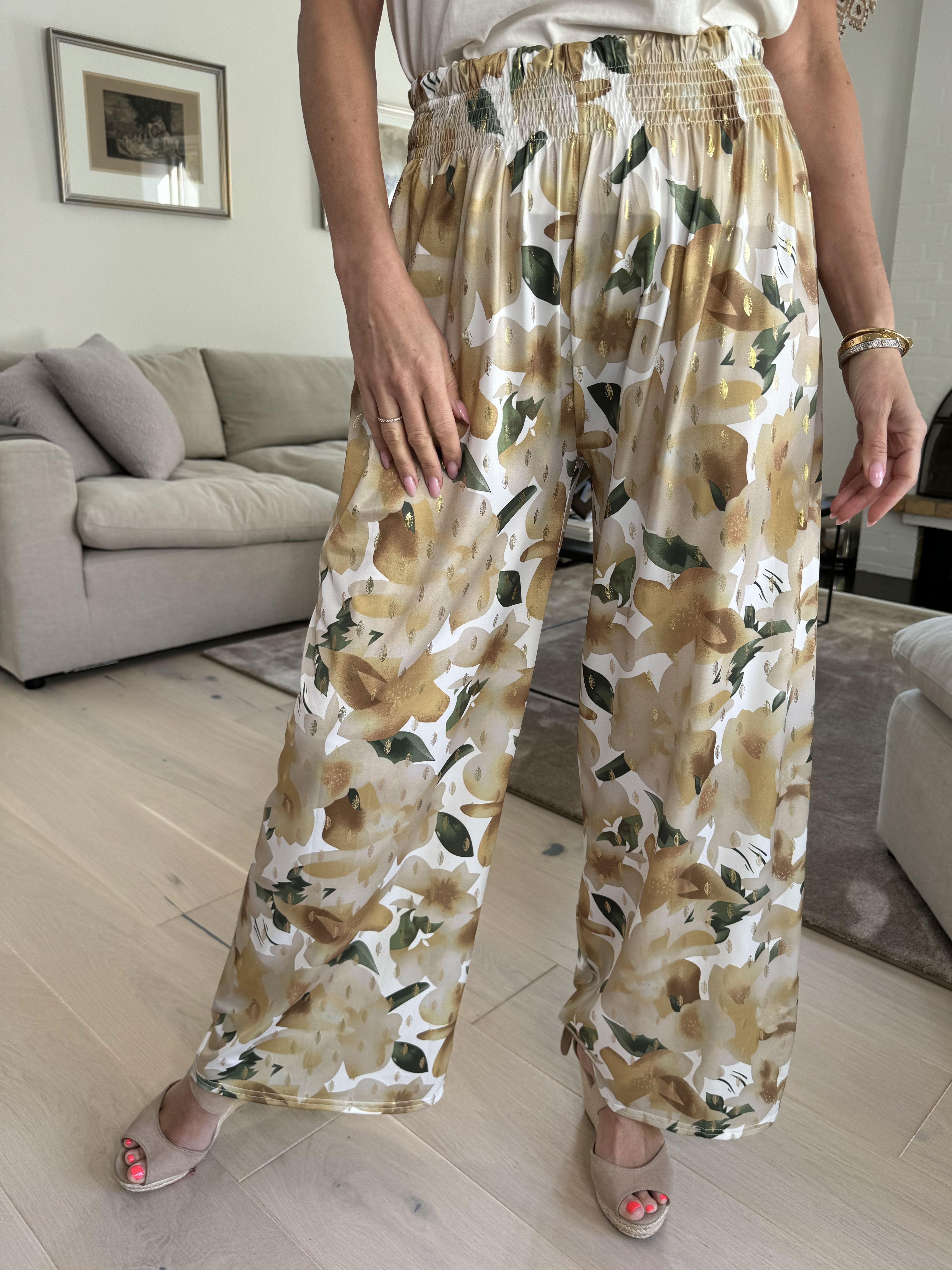 Pams sweet flower pants - Elastiska byxor utan veck med elastisk linning