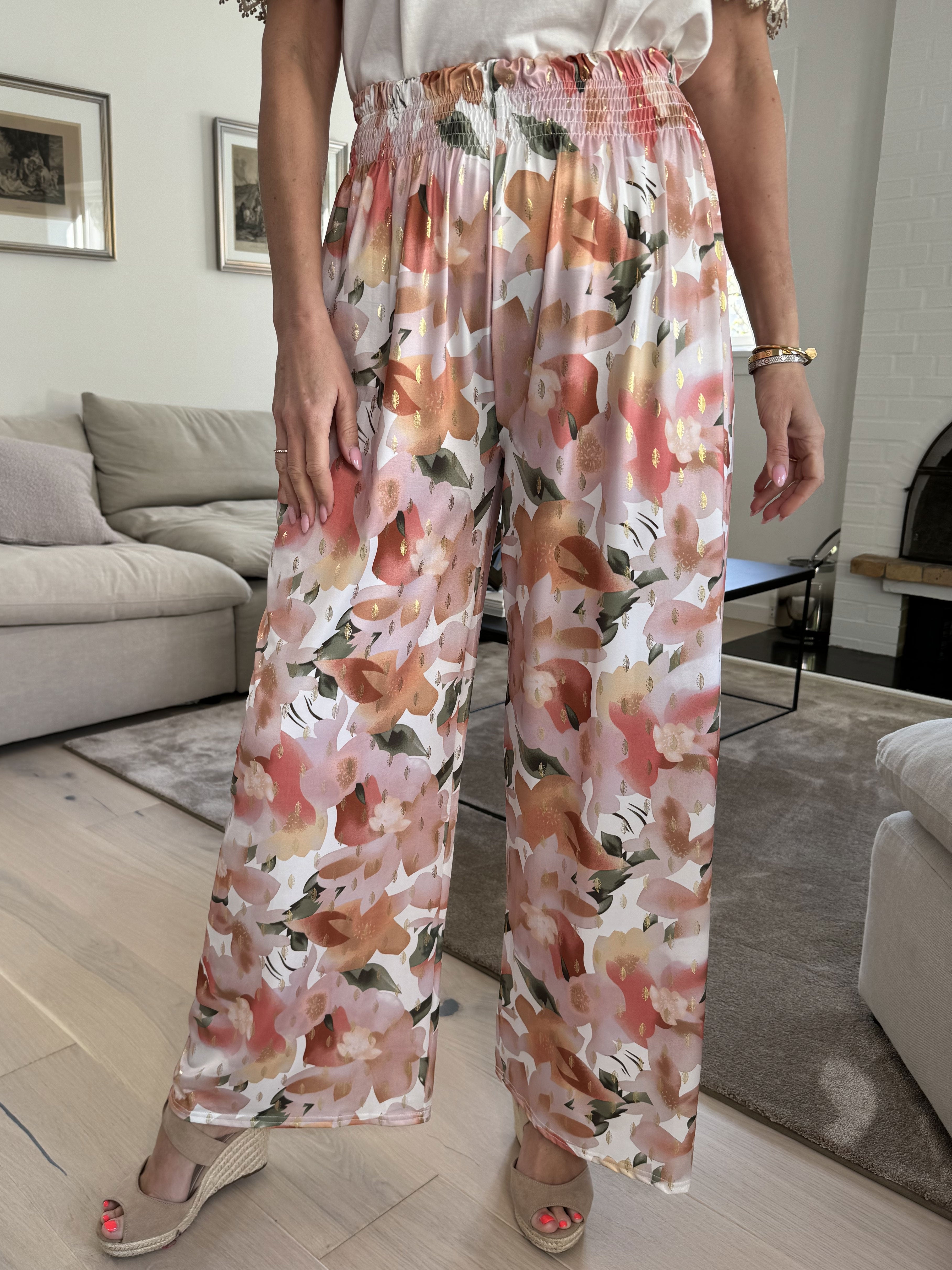 Pams sweet flower pants - Elastiska byxor utan veck med elastisk linning