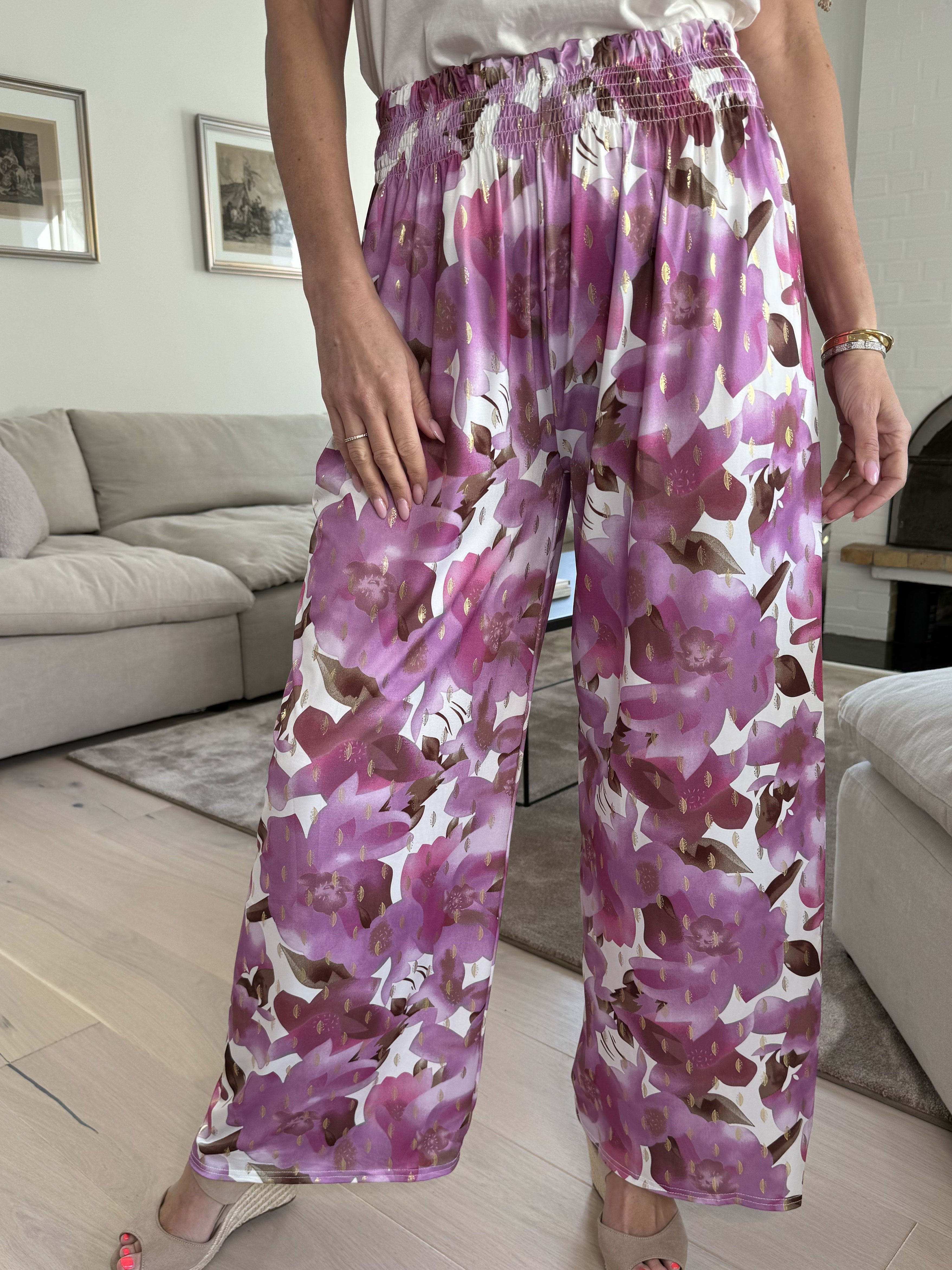 Pams sweet flower pants - Elastiska byxor utan veck med elastisk linning