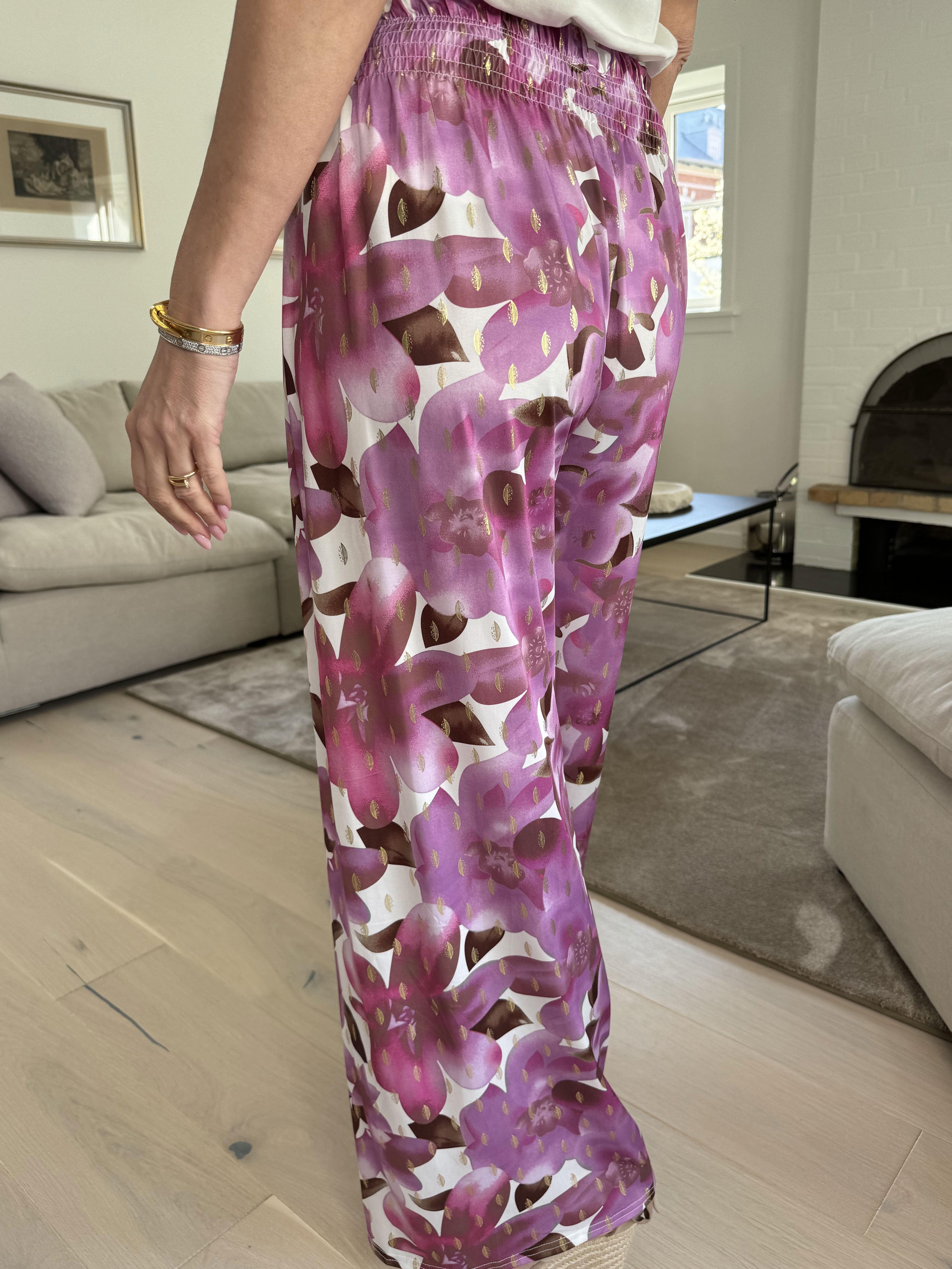 Pams sweet flower pants - Elastiska byxor utan veck med elastisk linning